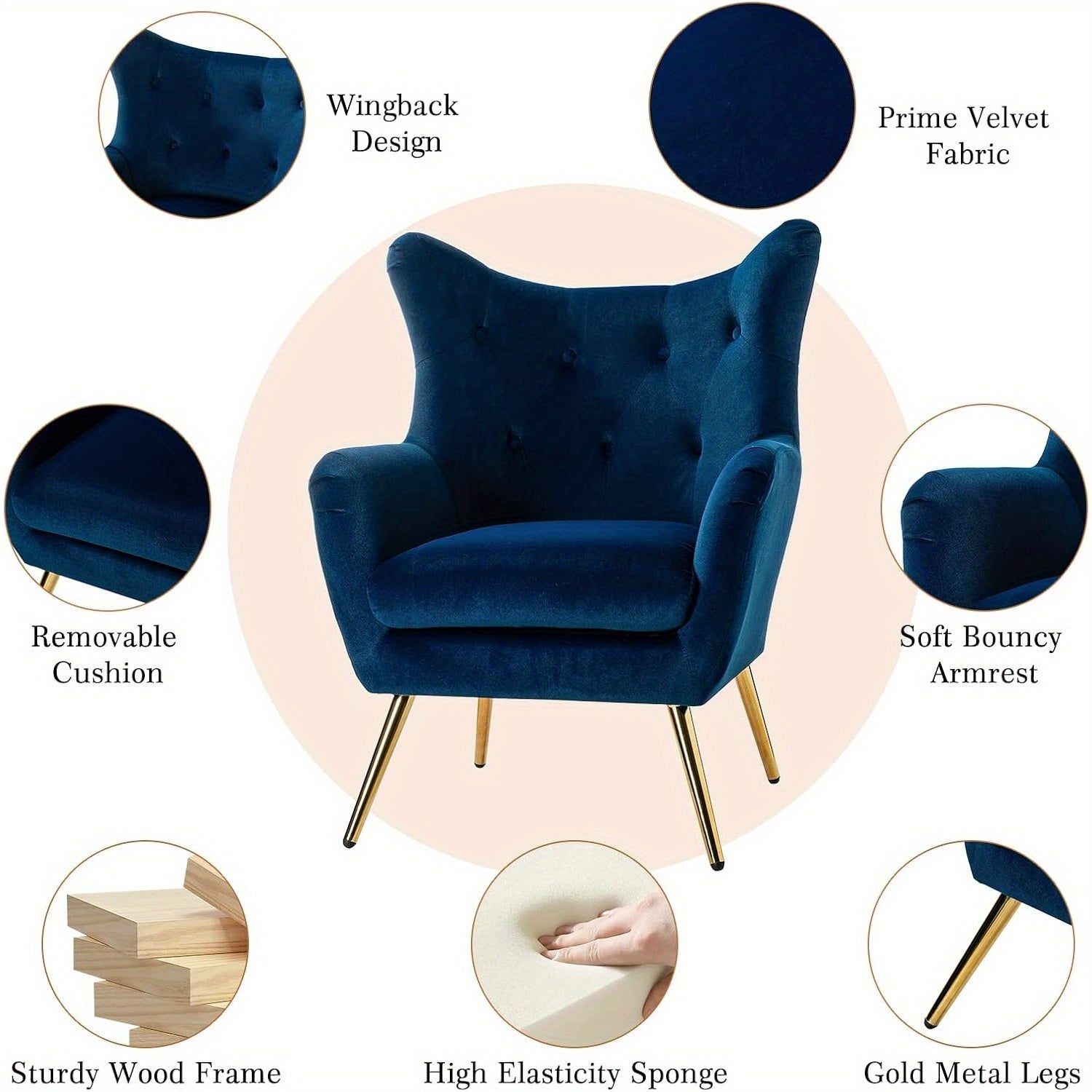 Modern Velvet Wingback Arm Chair with Golden Metal Legs - Tufted Upholstered Accent Chair in Blue/Yellow, Wood Frame, Perfect for Living Room, Bedroom, or Dining Room, Chair for Living Room