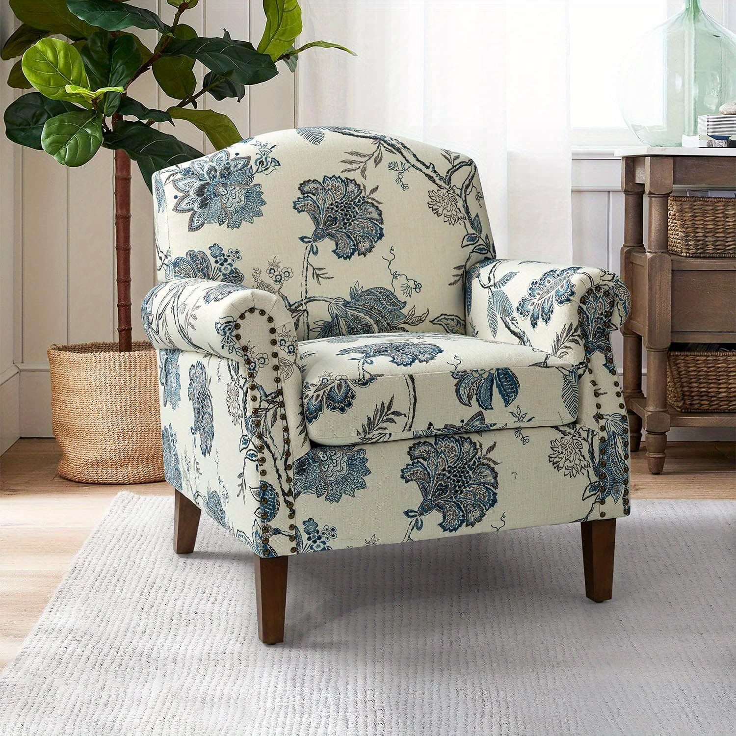 Modern Accent Chair w/ Wood Legs & Removable Cushion | Comfy Upholstered Armchair with Nailhead Trim, Floral Design, Color, HULALA HOME - Ideal for Reading, Office, Living Room