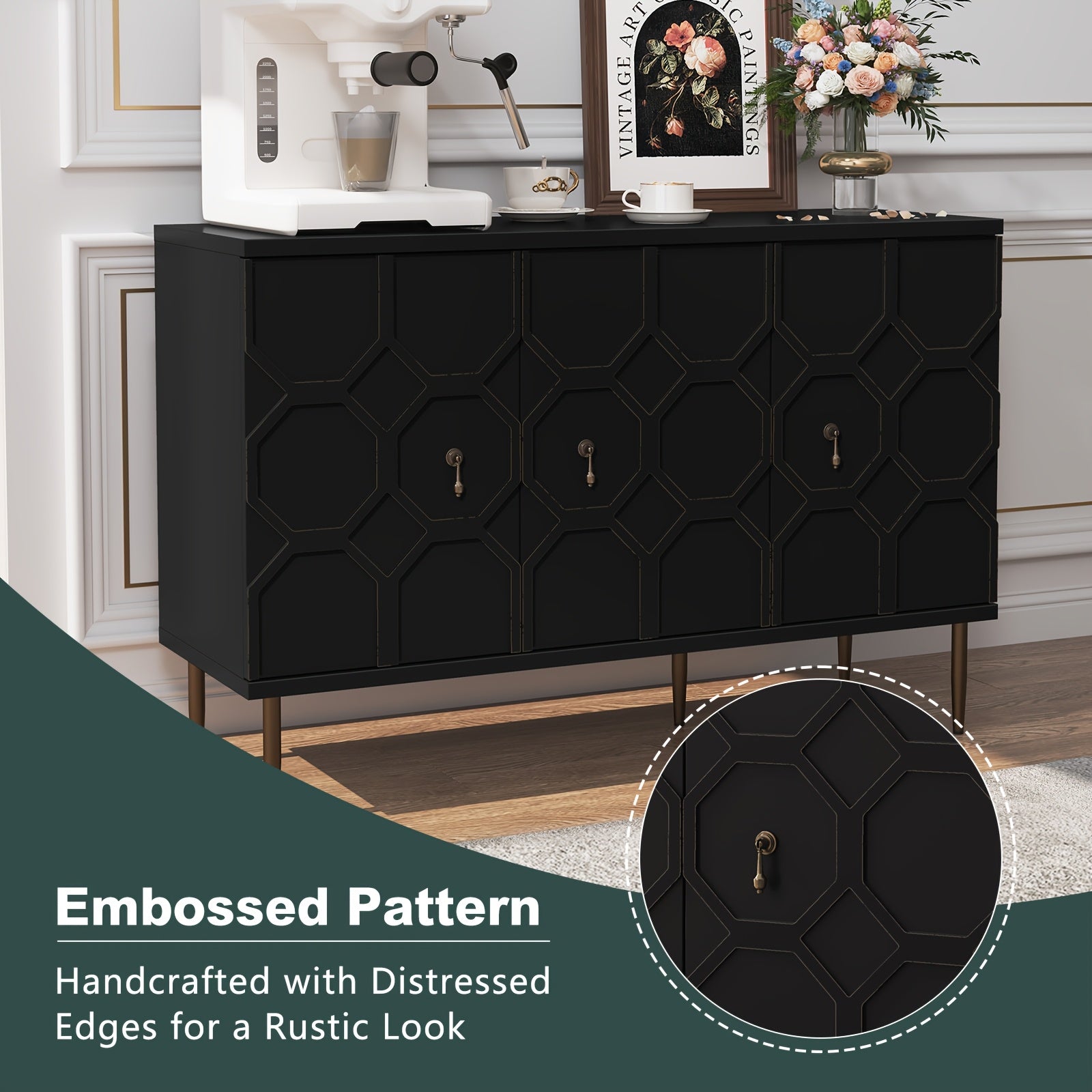 Sideboard Accent Buffet Cabinet With 3 Decorative Embossed Pattern Doors, Credenza Storage Cabinet For Living Room, Kitchen, Dining Room, Hallway