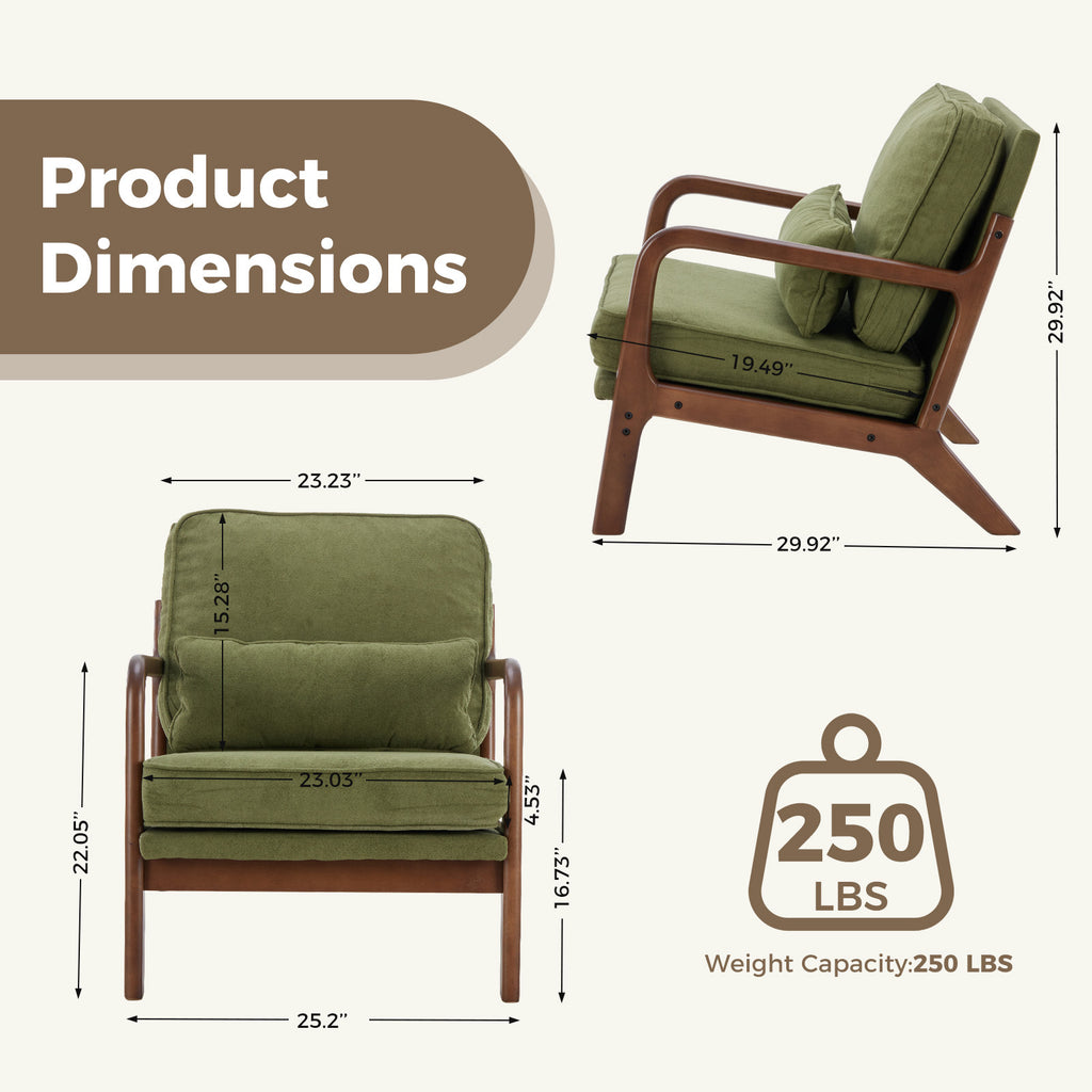 Mid-Century Modern Accent Chair with Arms and Cushion, Wooden Frame Plush Reading Lounge Chair for Living Room, Bedroom
