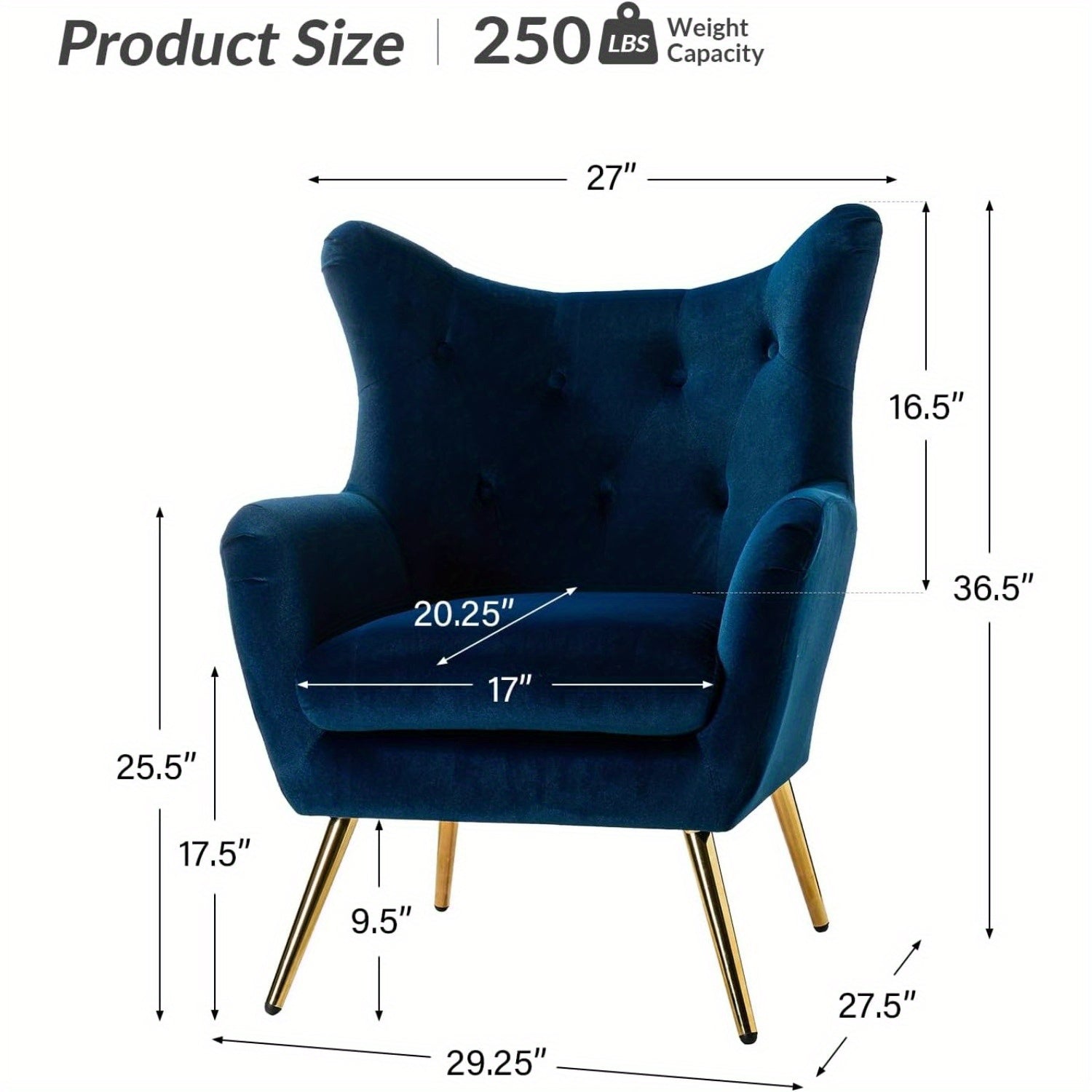 Modern Velvet Wingback Arm Chair with Golden Metal Legs - Tufted Upholstered Accent Chair in Blue/Yellow, Wood Frame, Perfect for Living Room, Bedroom, or Dining Room, Chair for Living Room