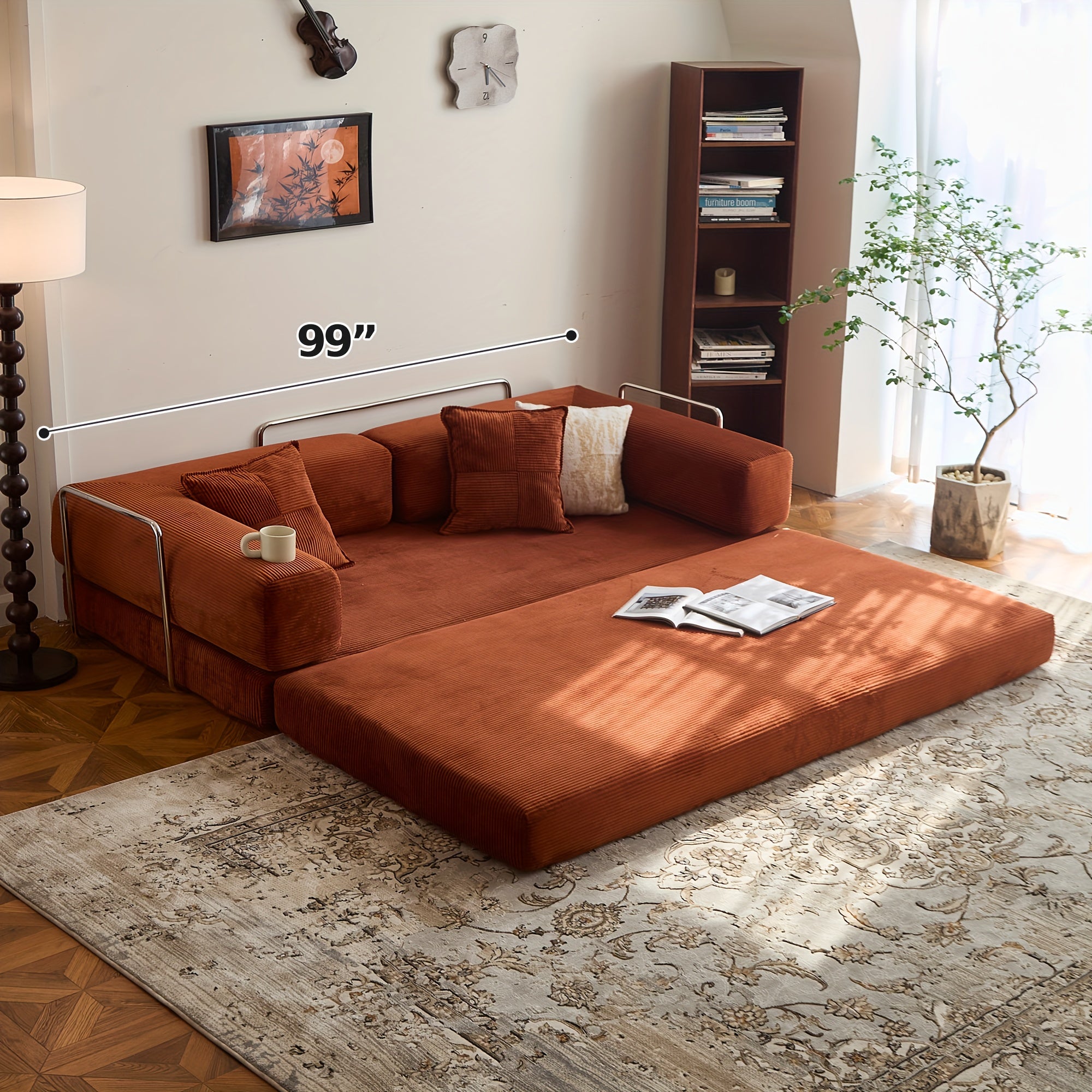 Modern Convertible Sofa Bed - Modular Sectional Floor Couch with Memory Foam Cushions, Corduroy Upholstery & Stainless Frame, 4-in-1 Configurable Space-Saving Design for Small Apartments, Easy Assembly (No Tools) -