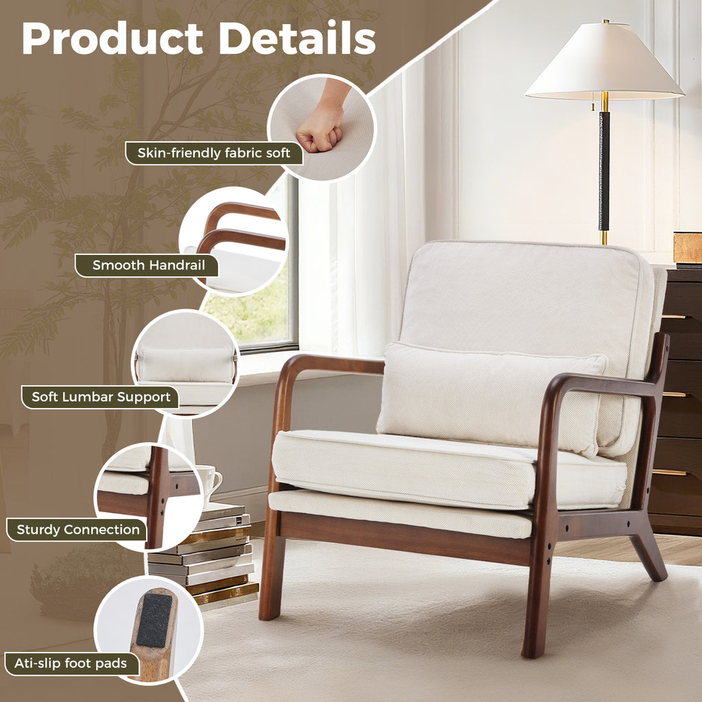 Mid-Century Modern Accent Chair with Arms and Cushion, Wooden Frame Plush Reading Lounge Chair for Living Room, Bedroom