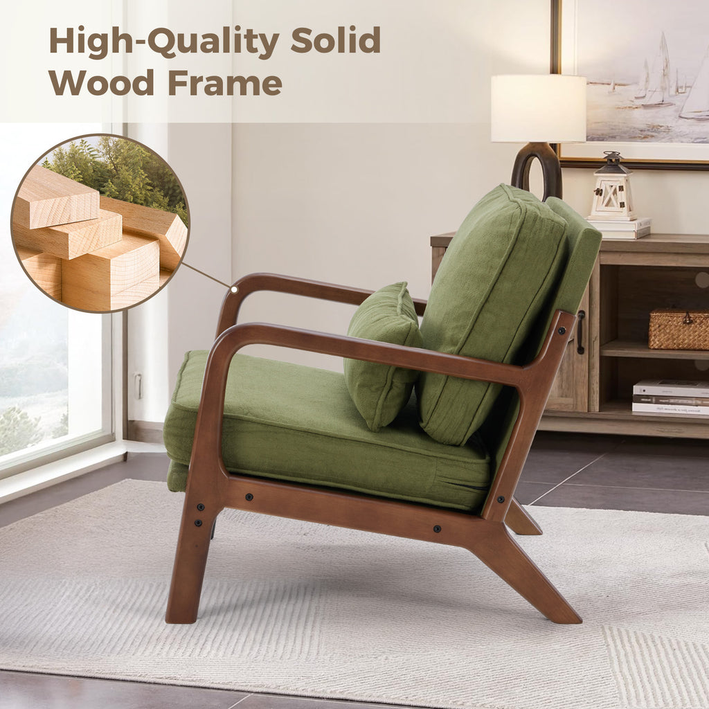 Mid-Century Modern Accent Chair with Arms and Cushion, Wooden Frame Plush Reading Lounge Chair for Living Room, Bedroom