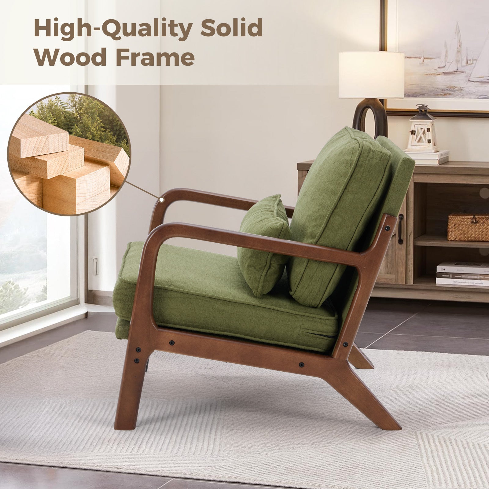 Mid-Century Modern Accent Chair with Arms and Cushion, Wooden Frame Plush Reading Lounge Chair for Living Room, Bedroom