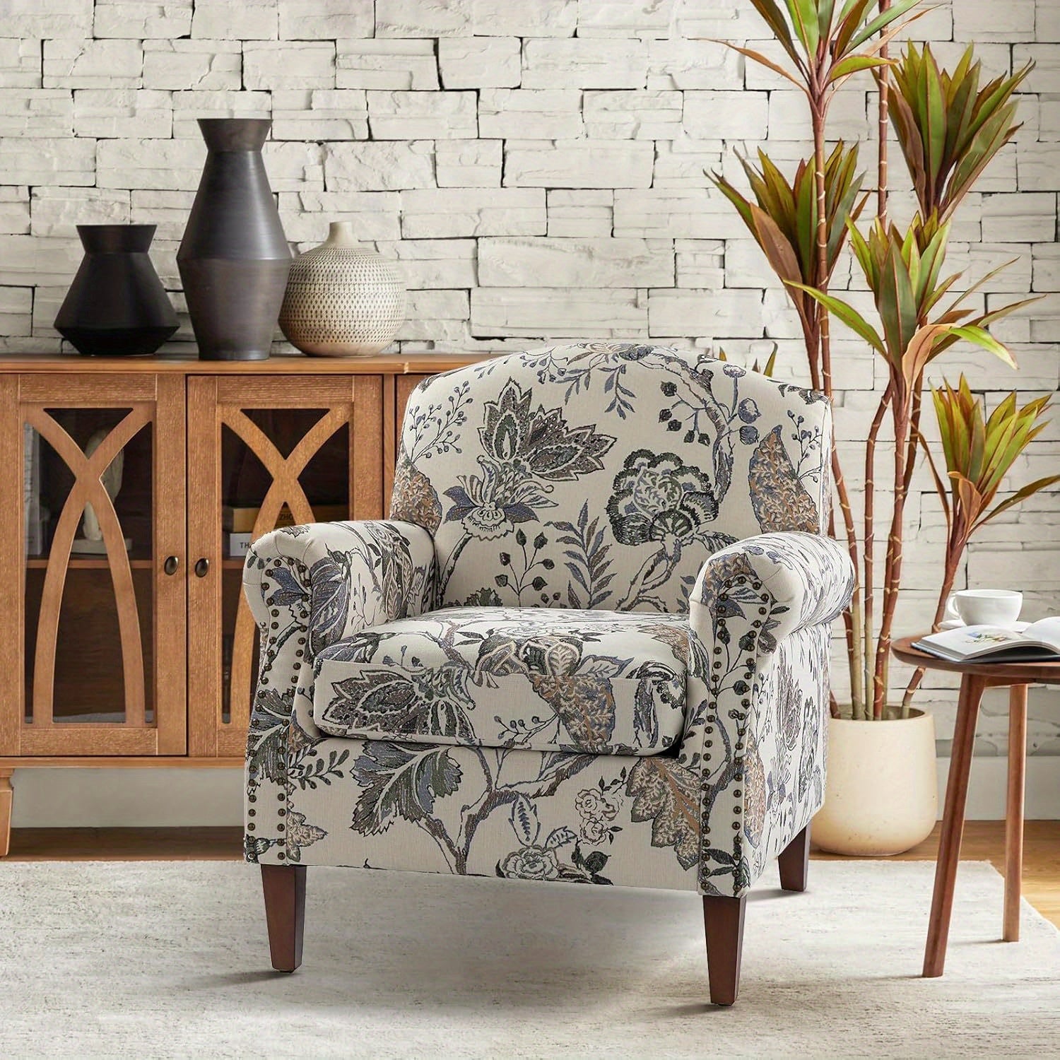 Modern Accent Chair w/ Wood Legs & Removable Cushion | Comfy Upholstered Armchair with Nailhead Trim, Floral Design, Color, HULALA HOME - Ideal for Reading, Office, Living Room