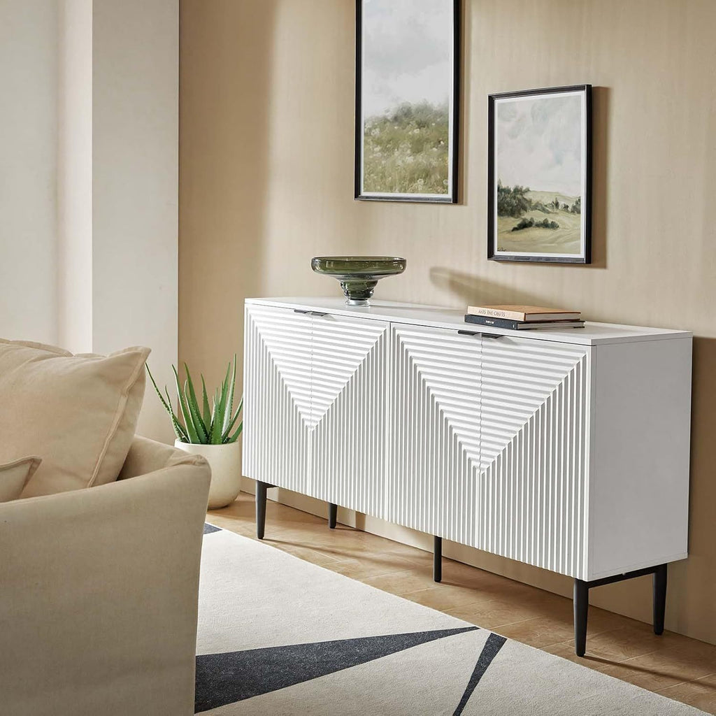 Elegant Black Modern Sideboard with Chevron Design, Adjustable Shelf & Wine Glass Holder - Sleek Wood and Fabric Conte Cabinet with Concealed Drawer for Contemporary Living Room, Preppy Room Decor