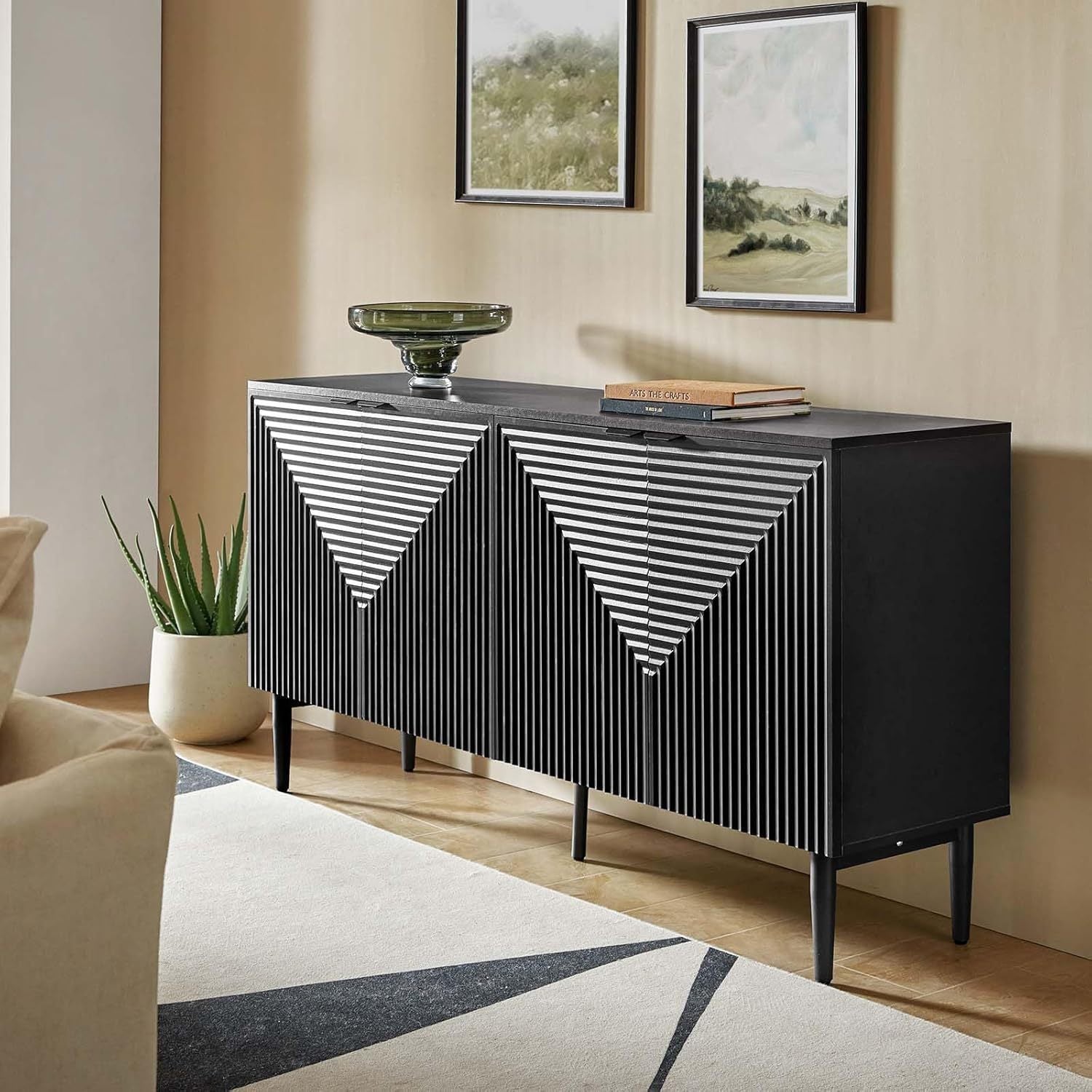 Elegant Black Modern Sideboard with Chevron Design, Adjustable Shelf & Wine Glass Holder - Sleek Wood and Fabric Conte Cabinet with Concealed Drawer for Contemporary Living Room, Preppy Room Decor