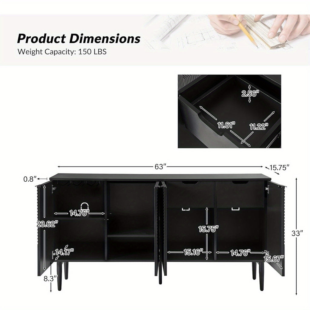 Elegant Black Modern Sideboard with Chevron Design, Adjustable Shelf & Wine Glass Holder - Sleek Wood and Fabric Conte Cabinet with Concealed Drawer for Contemporary Living Room, Preppy Room Decor