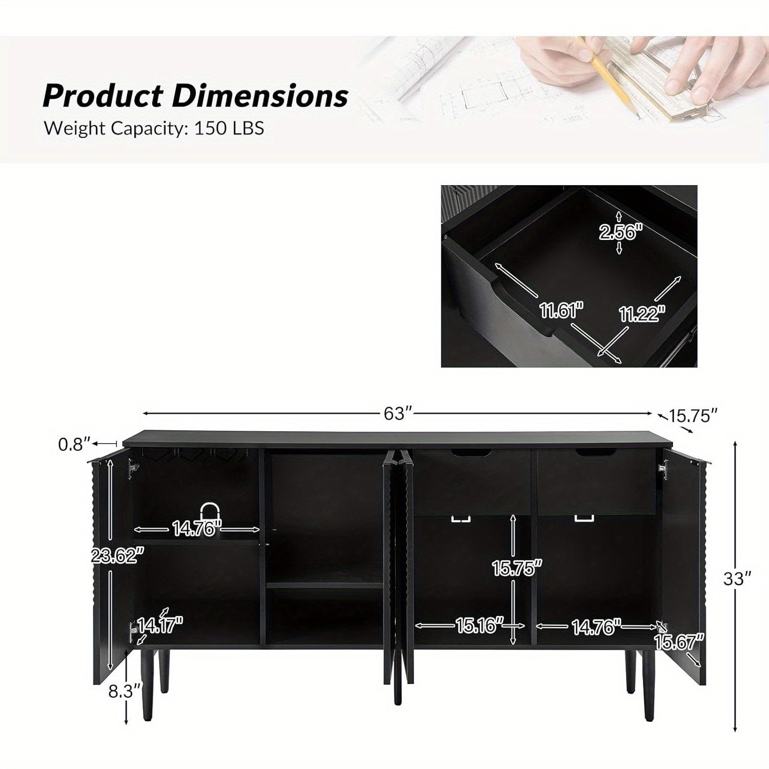 Elegant Black Modern Sideboard with Chevron Design, Adjustable Shelf & Wine Glass Holder - Sleek Wood and Fabric Conte Cabinet with Concealed Drawer for Contemporary Living Room, Preppy Room Decor