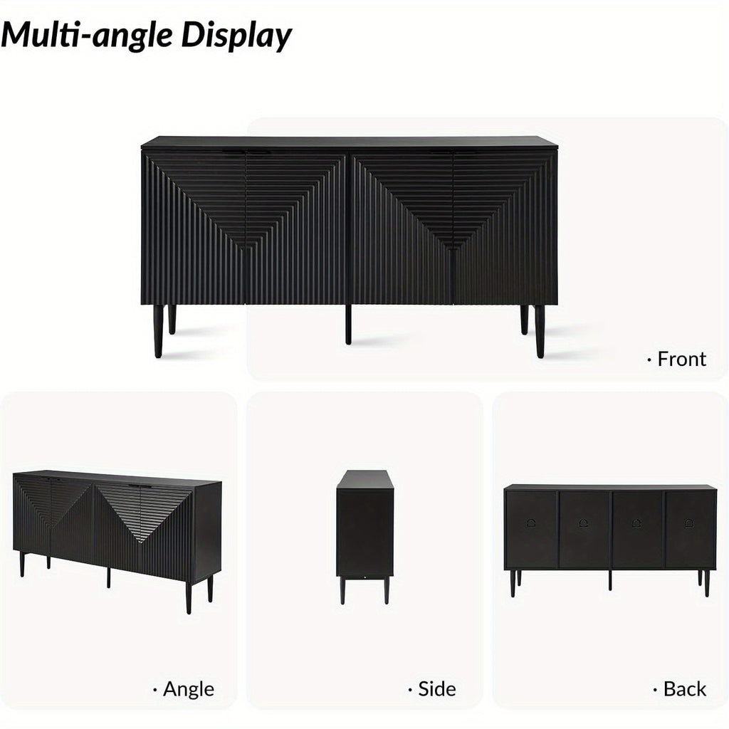 Elegant Black Modern Sideboard with Chevron Design, Adjustable Shelf & Wine Glass Holder - Sleek Wood and Fabric Conte Cabinet with Concealed Drawer for Contemporary Living Room, Preppy Room Decor