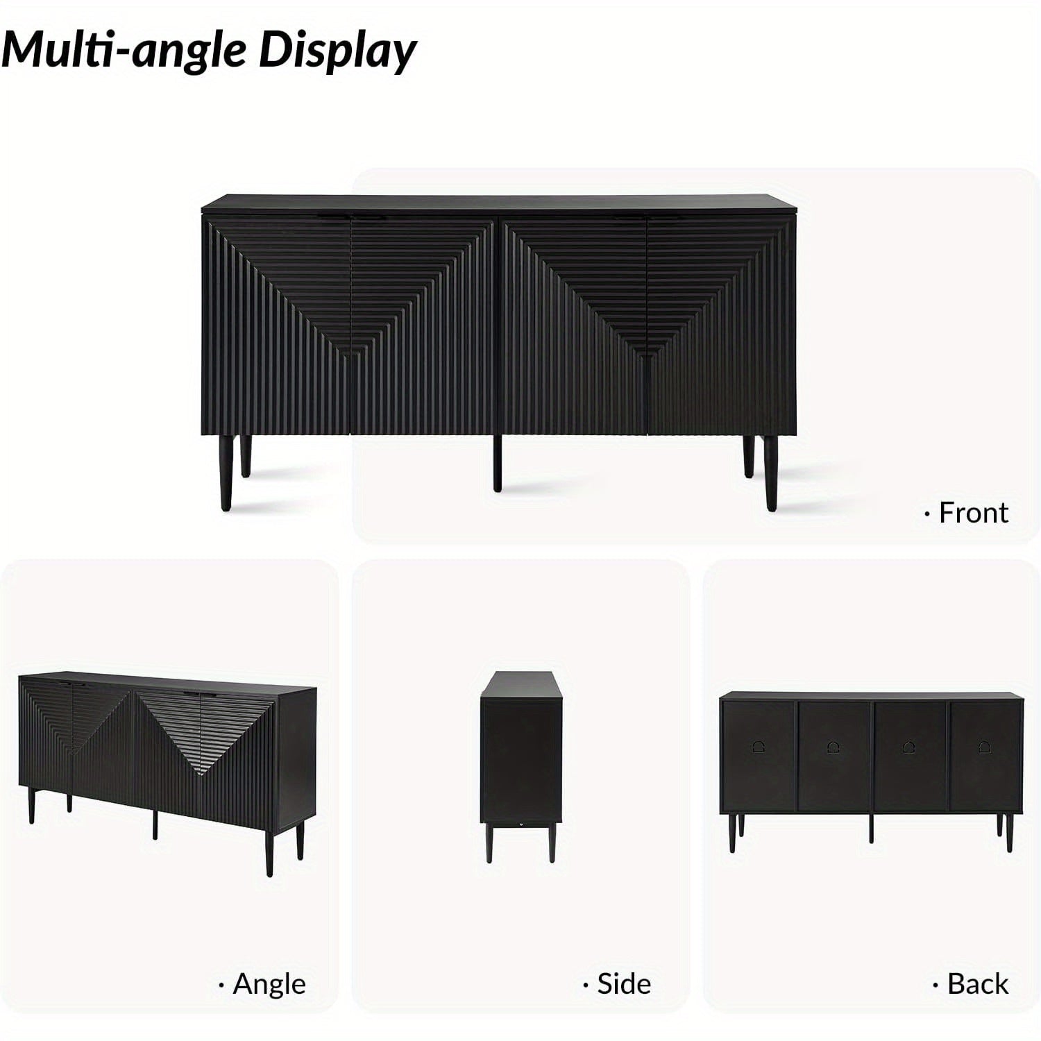Elegant Black Modern Sideboard with Chevron Design, Adjustable Shelf & Wine Glass Holder - Sleek Wood and Fabric Conte Cabinet with Concealed Drawer for Contemporary Living Room, Preppy Room Decor
