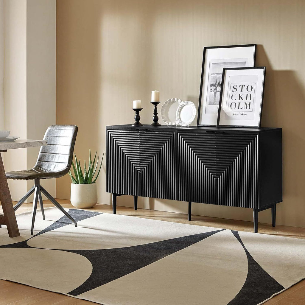 Elegant Black Modern Sideboard with Chevron Design, Adjustable Shelf & Wine Glass Holder - Sleek Wood and Fabric Conte Cabinet with Concealed Drawer for Contemporary Living Room, Preppy Room Decor