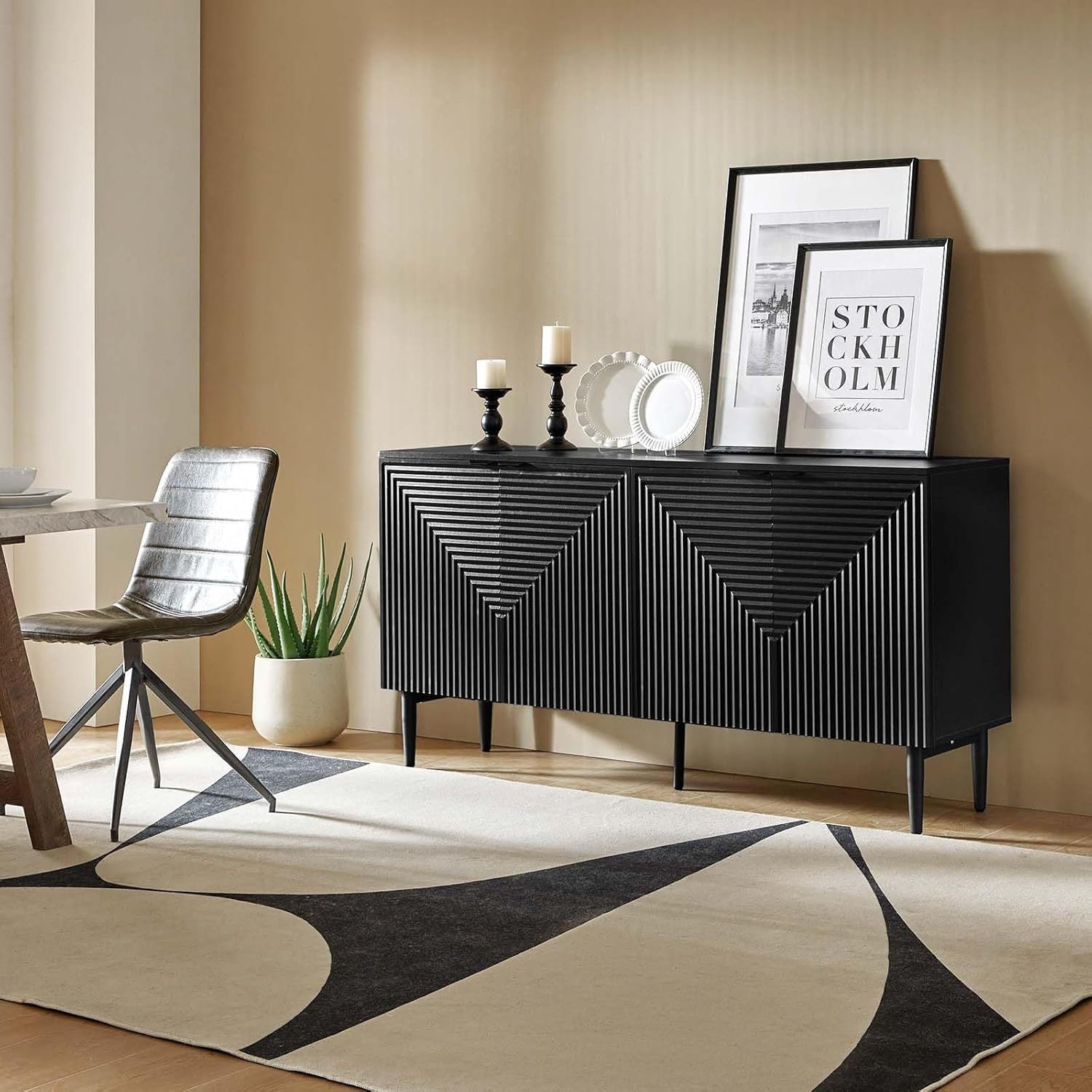 Elegant Black Modern Sideboard with Chevron Design, Adjustable Shelf & Wine Glass Holder - Sleek Wood and Fabric Conte Cabinet with Concealed Drawer for Contemporary Living Room, Preppy Room Decor