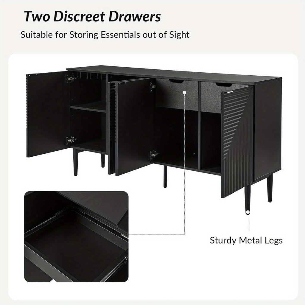 Elegant Black Modern Sideboard with Chevron Design, Adjustable Shelf & Wine Glass Holder - Sleek Wood and Fabric Conte Cabinet with Concealed Drawer for Contemporary Living Room, Preppy Room Decor