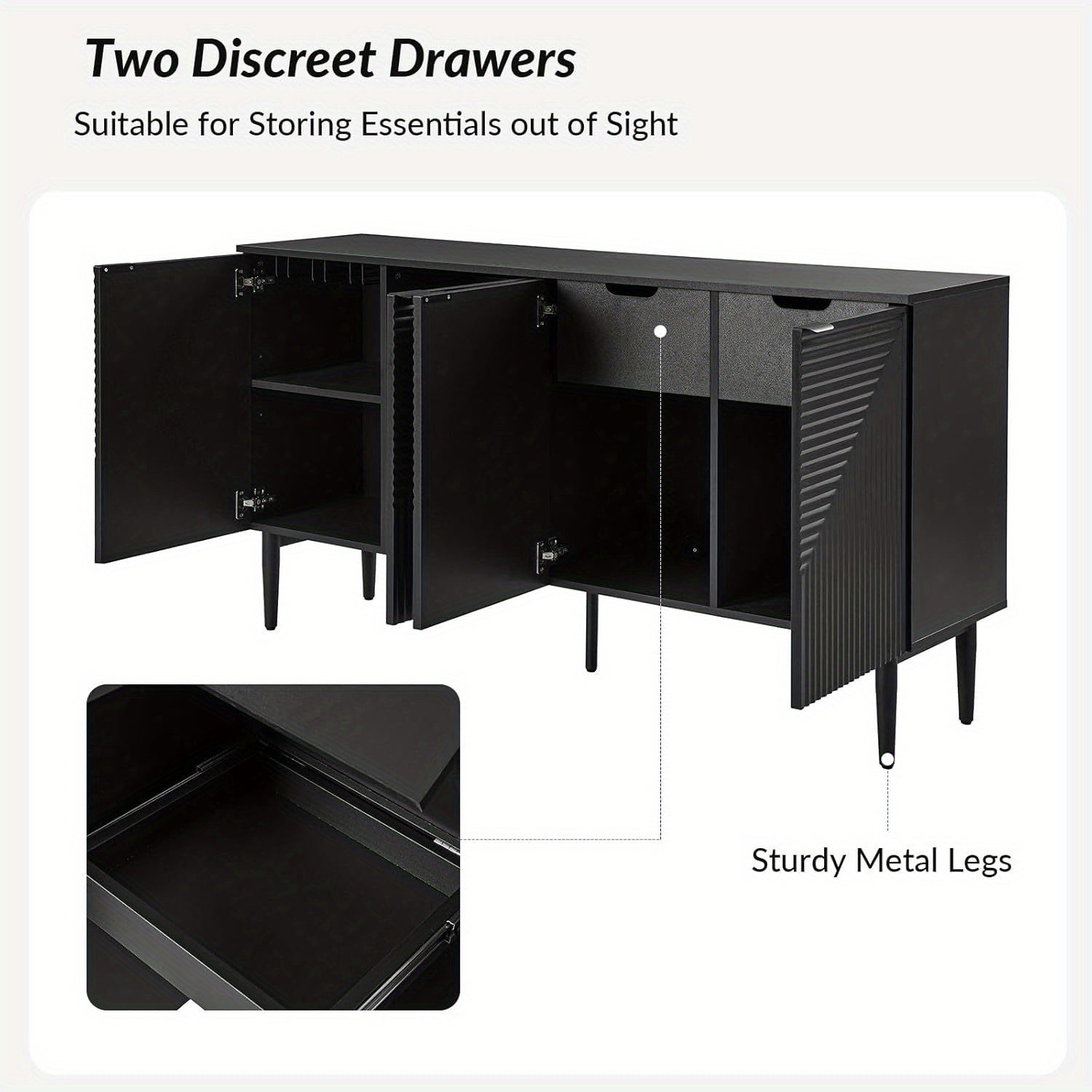 Elegant Black Modern Sideboard with Chevron Design, Adjustable Shelf & Wine Glass Holder - Sleek Wood and Fabric Conte Cabinet with Concealed Drawer for Contemporary Living Room, Preppy Room Decor