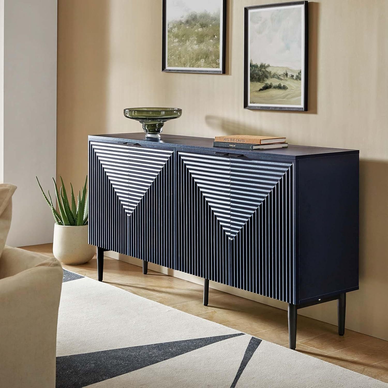 Elegant Black Modern Sideboard with Chevron Design, Adjustable Shelf & Wine Glass Holder - Sleek Wood and Fabric Conte Cabinet with Concealed Drawer for Contemporary Living Room, Preppy Room Decor