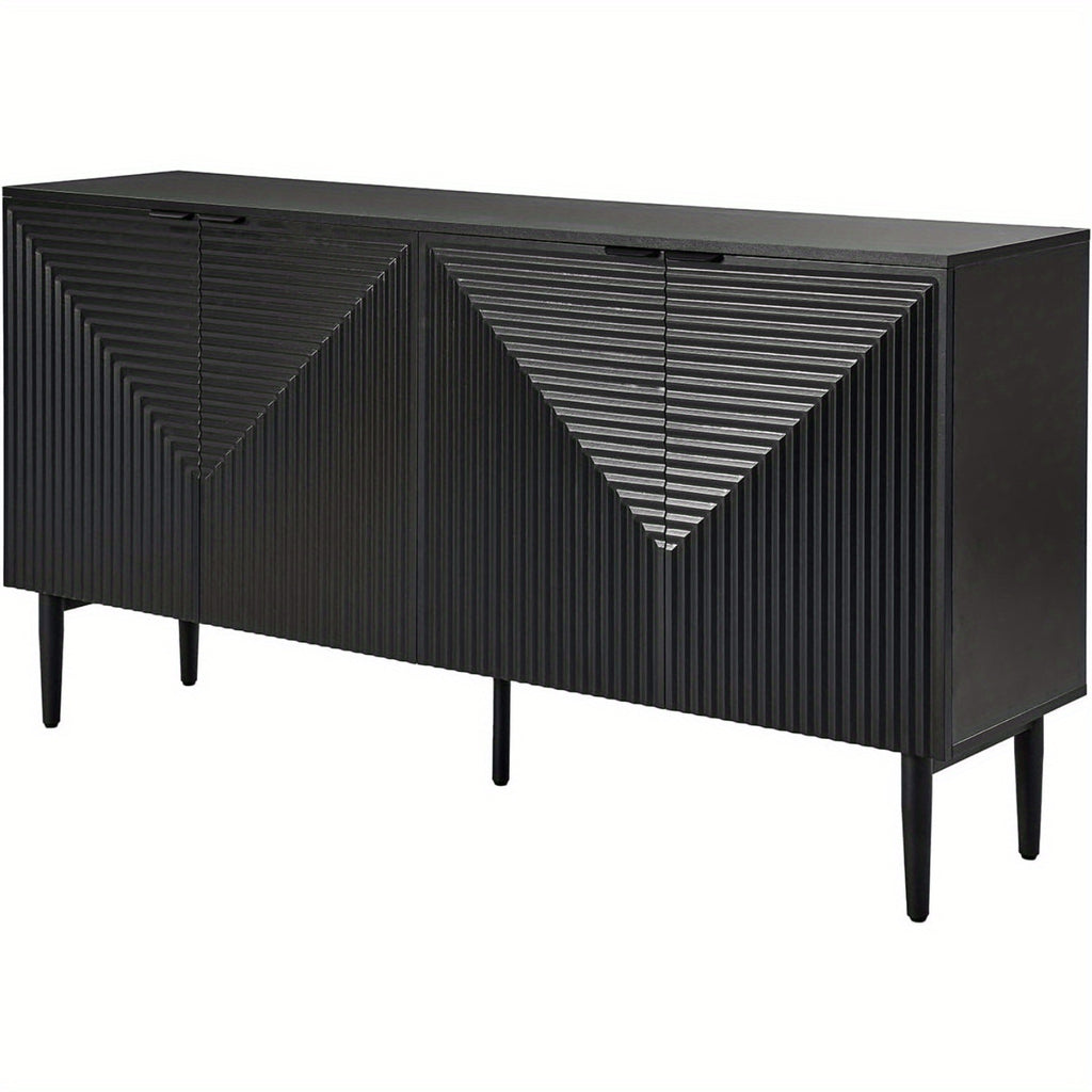 Elegant Black Modern Sideboard with Chevron Design, Adjustable Shelf & Wine Glass Holder - Sleek Wood and Fabric Conte Cabinet with Concealed Drawer for Contemporary Living Room, Preppy Room Decor