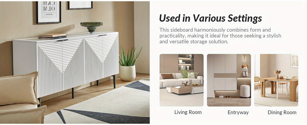 Elegant Black Modern Sideboard with Chevron Design, Adjustable Shelf & Wine Glass Holder - Sleek Wood and Fabric Conte Cabinet with Concealed Drawer for Contemporary Living Room, Preppy Room Decor