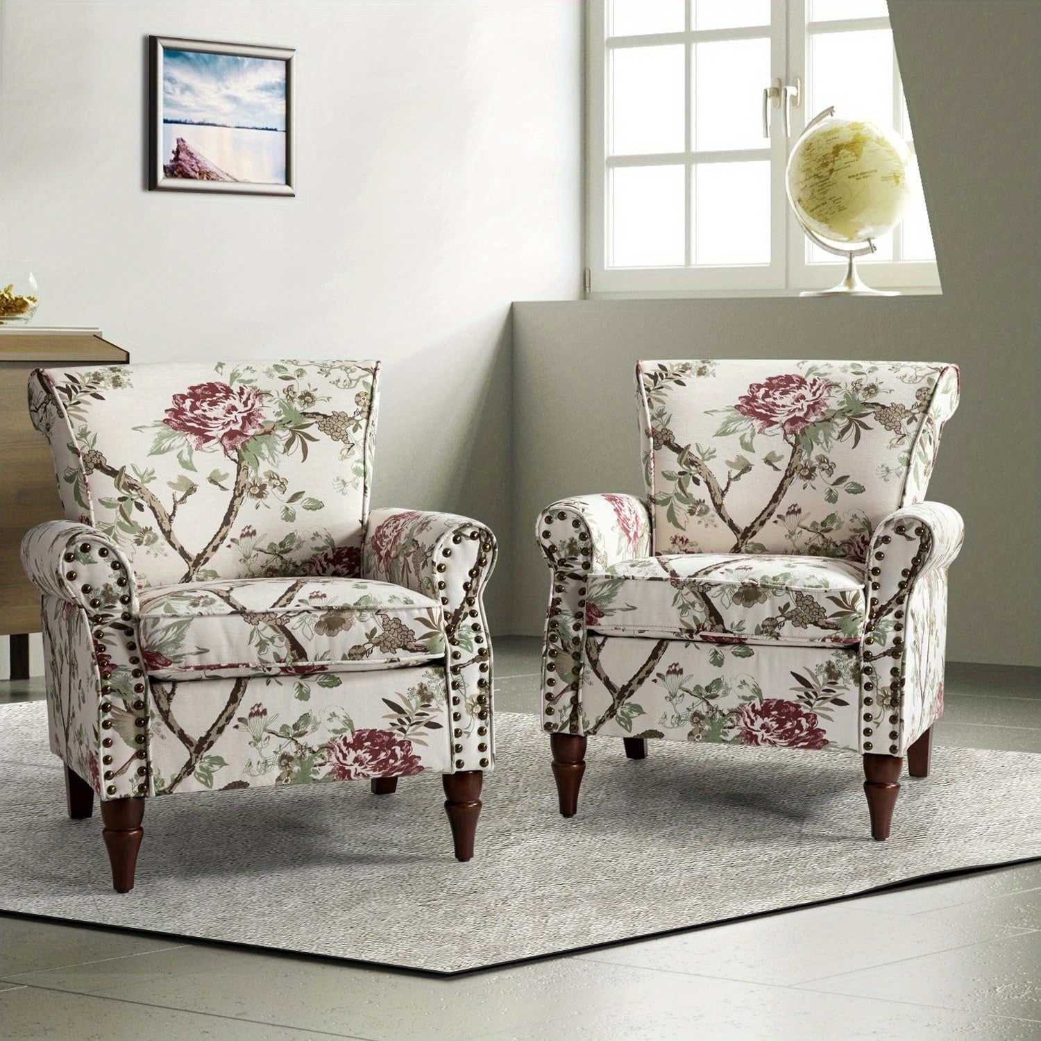 Modern Wingback Accent Chair With Wood Legs & Removable Cushion, Stadium Seats For Sports Fields, Sport Event, Comfy Upholstered Armchair With Nailhead Trim, Floral Pattern Sofa Chair For Bedroom Living Room, Floral