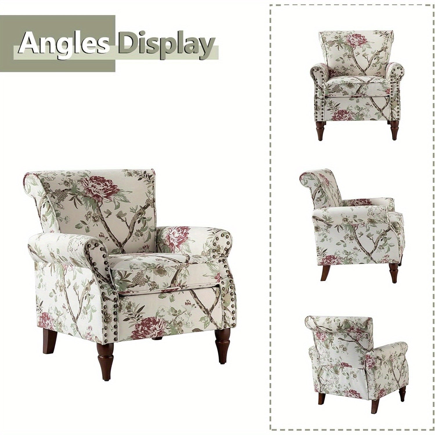 Modern Wingback Accent Chair With Wood Legs & Removable Cushion, Stadium Seats For Sports Fields, Sport Event, Comfy Upholstered Armchair With Nailhead Trim, Floral Pattern Sofa Chair For Bedroom Living Room, Floral