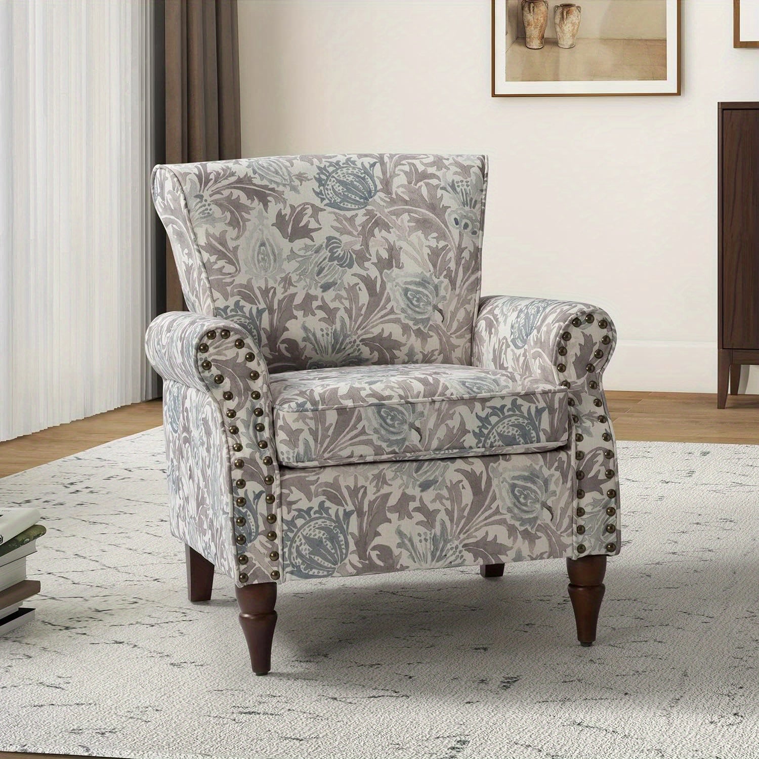 Modern Wingback Accent Chair With Wood Legs & Removable Cushion, Stadium Seats For Sports Fields, Sport Event, Comfy Upholstered Armchair With Nailhead Trim, Floral Pattern Sofa Chair For Bedroom Living Room, Floral