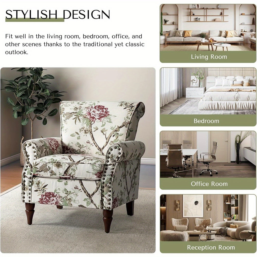 Modern Wingback Accent Chair With Wood Legs & Removable Cushion, Stadium Seats For Sports Fields, Sport Event, Comfy Upholstered Armchair With Nailhead Trim, Floral Pattern Sofa Chair For Bedroom Living Room, Floral