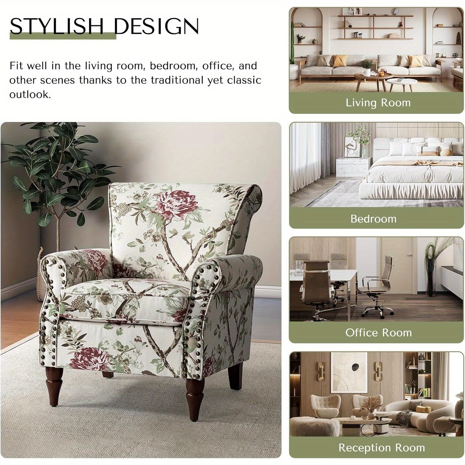 Modern Wingback Accent Chair With Wood Legs & Removable Cushion, Stadium Seats For Sports Fields, Sport Event, Comfy Upholstered Armchair With Nailhead Trim, Floral Pattern Sofa Chair For Bedroom Living Room, Floral