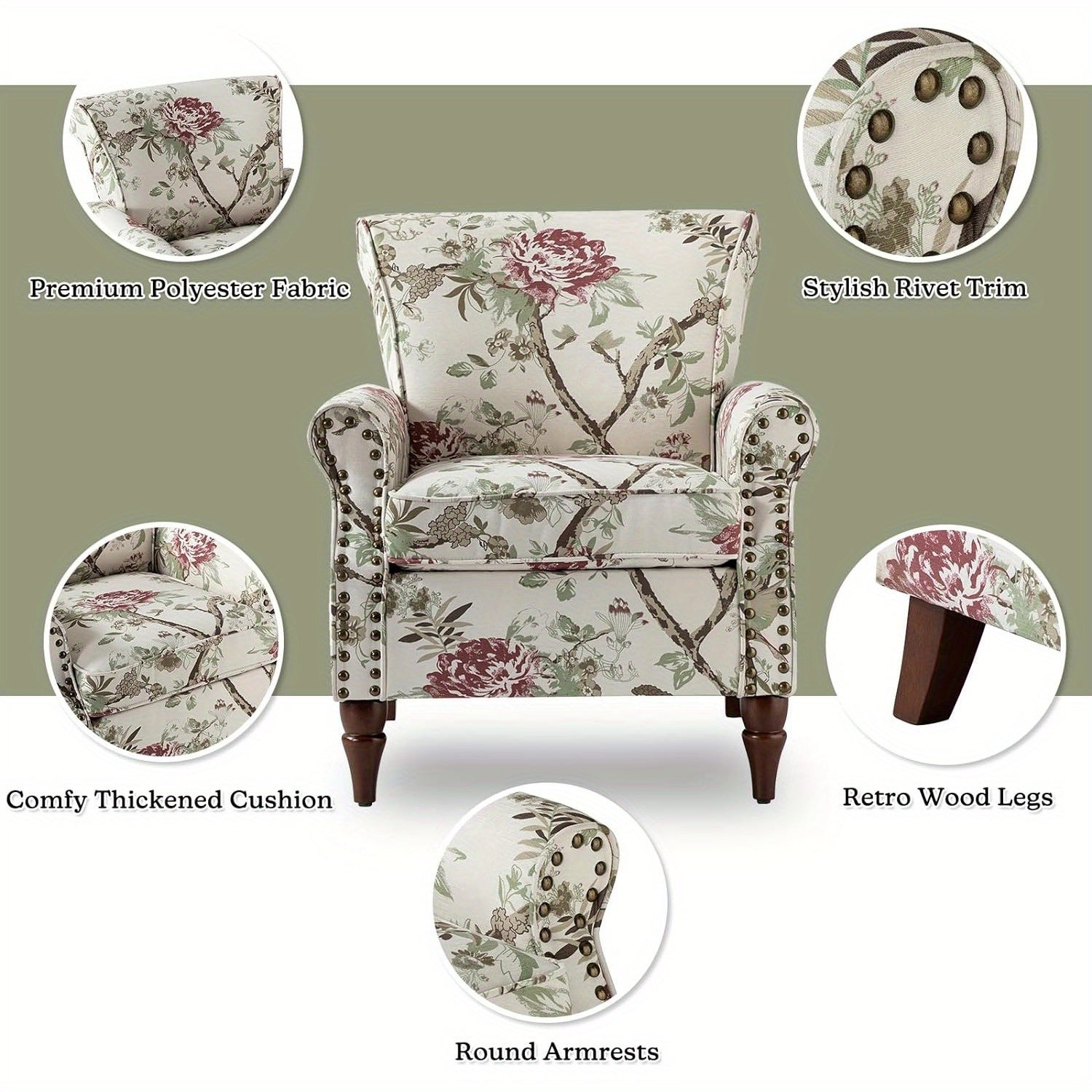 Modern Wingback Accent Chair With Wood Legs & Removable Cushion, Stadium Seats For Sports Fields, Sport Event, Comfy Upholstered Armchair With Nailhead Trim, Floral Pattern Sofa Chair For Bedroom Living Room, Floral
