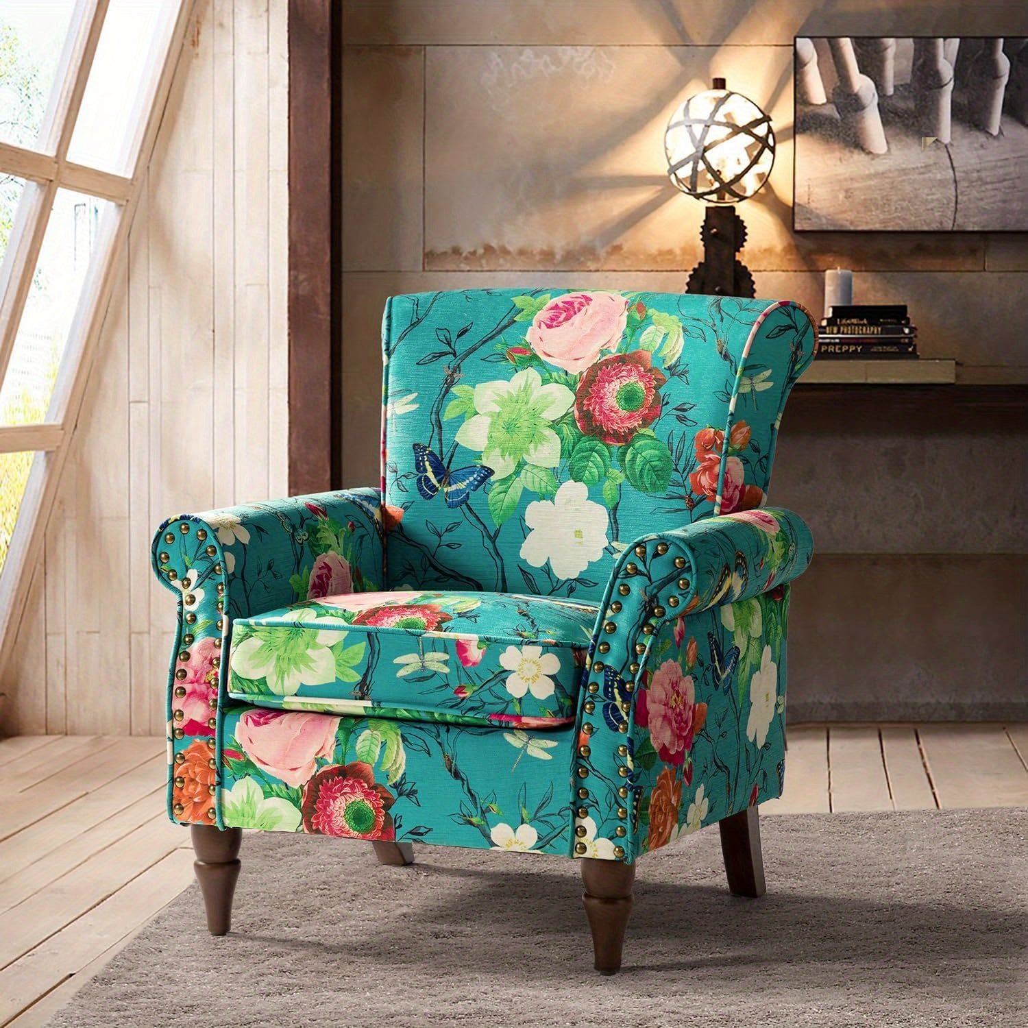 Modern Wingback Accent Chair With Wood Legs & Removable Cushion, Stadium Seats For Sports Fields, Sport Event, Comfy Upholstered Armchair With Nailhead Trim, Floral Pattern Sofa Chair For Bedroom Living Room, Floral