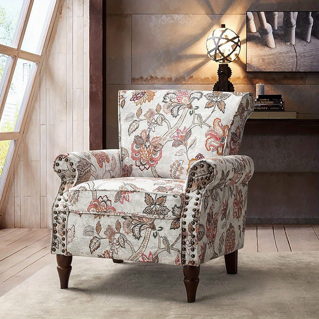 Modern Wingback Accent Chair With Wood Legs & Removable Cushion, Stadium Seats For Sports Fields, Sport Event, Comfy Upholstered Armchair With Nailhead Trim, Floral Pattern Sofa Chair For Bedroom Living Room, Floral