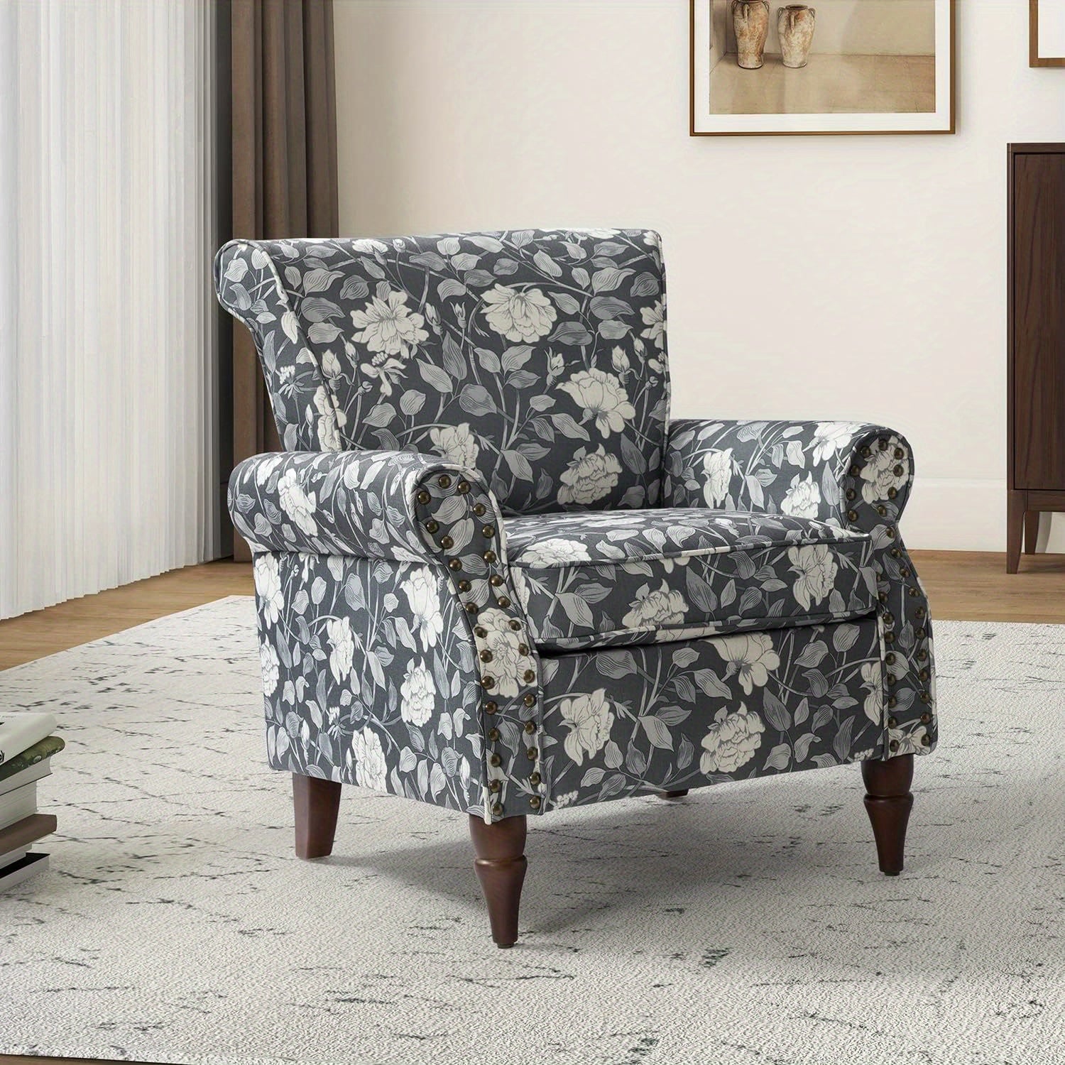 Modern Wingback Accent Chair With Wood Legs & Removable Cushion, Stadium Seats For Sports Fields, Sport Event, Comfy Upholstered Armchair With Nailhead Trim, Floral Pattern Sofa Chair For Bedroom Living Room, Floral
