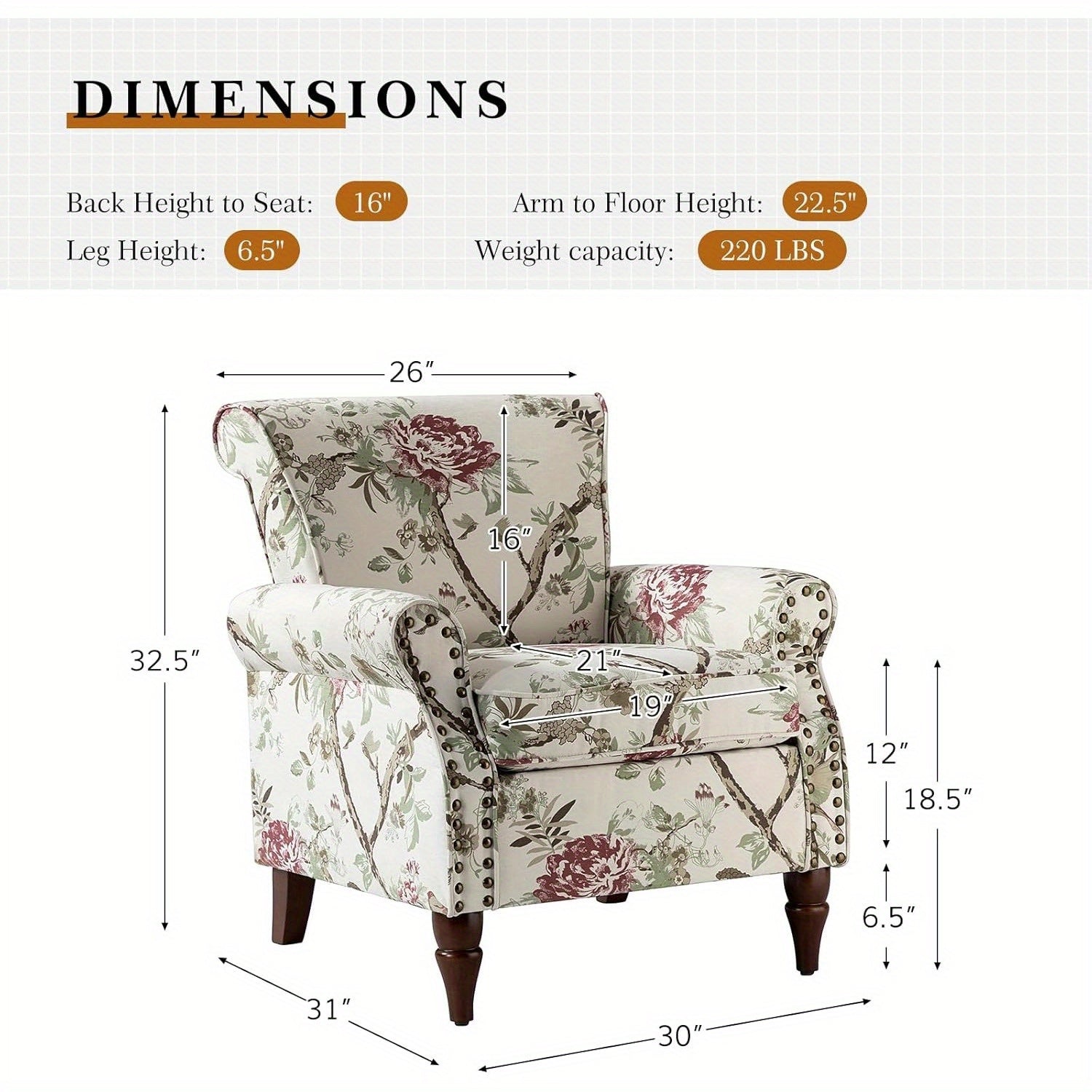 Modern Wingback Accent Chair With Wood Legs & Removable Cushion, Stadium Seats For Sports Fields, Sport Event, Comfy Upholstered Armchair With Nailhead Trim, Floral Pattern Sofa Chair For Bedroom Living Room, Floral