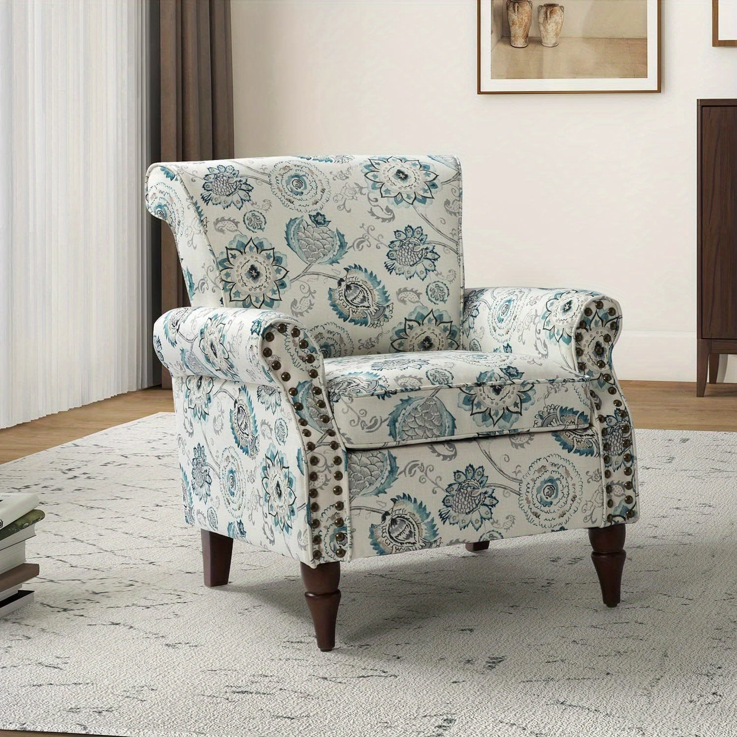 Modern Wingback Accent Chair With Wood Legs & Removable Cushion, Stadium Seats For Sports Fields, Sport Event, Comfy Upholstered Armchair With Nailhead Trim, Floral Pattern Sofa Chair For Bedroom Living Room, Floral