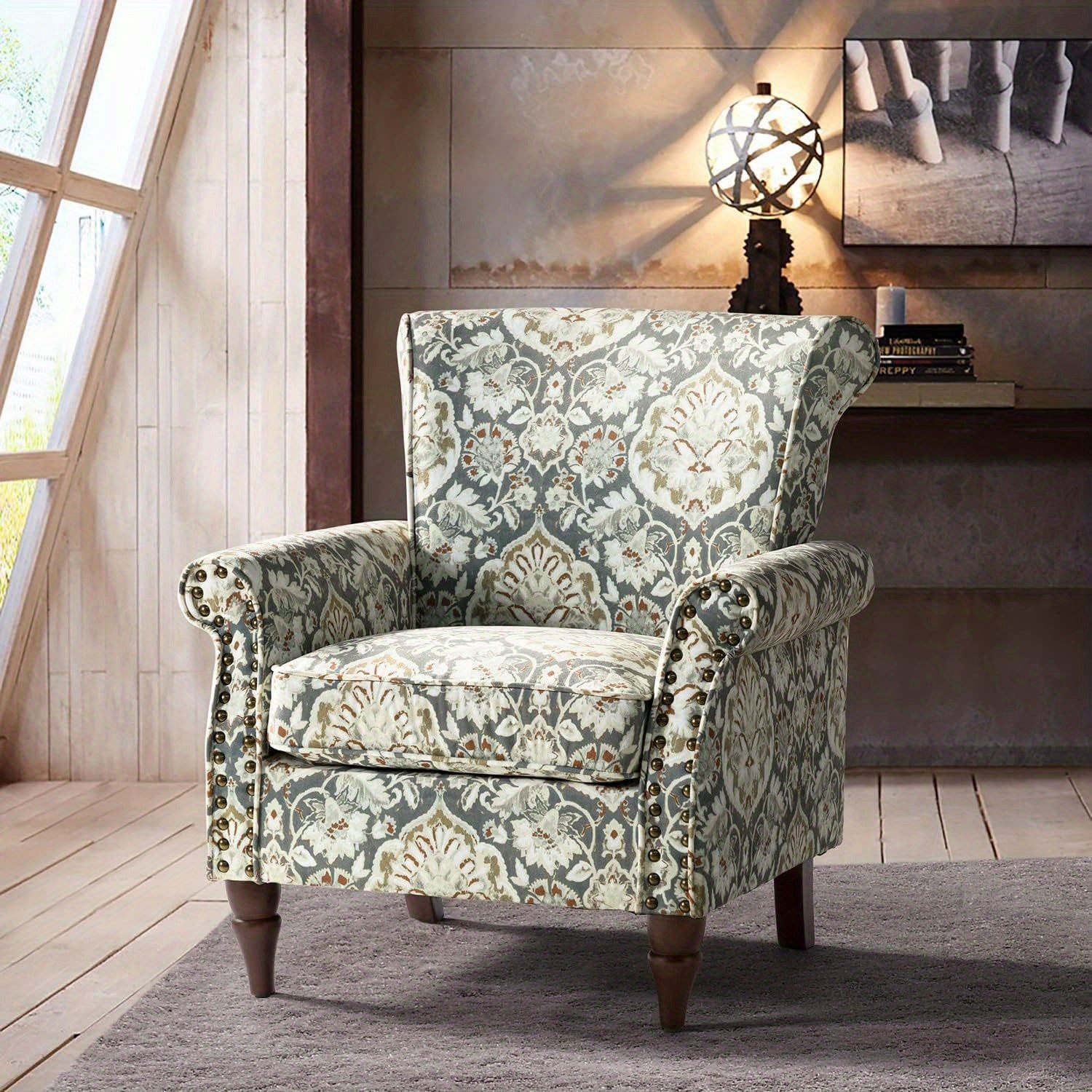 Modern Wingback Accent Chair With Wood Legs & Removable Cushion, Stadium Seats For Sports Fields, Sport Event, Comfy Upholstered Armchair With Nailhead Trim, Floral Pattern Sofa Chair For Bedroom Living Room, Floral