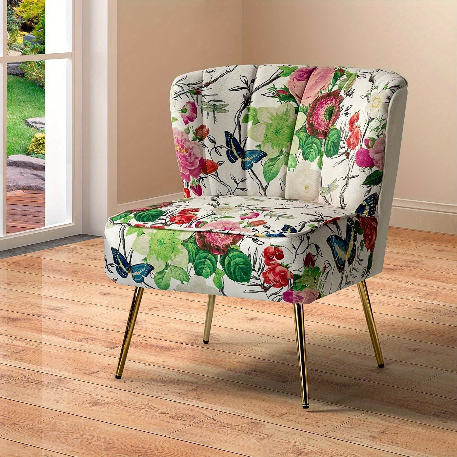 Accent Chair With Golden Metal Legs, Comfy Tufted Wingback Living Room Chair Floral Fabric Small Armless Side Chair, Upholstered Slipper Chair For Bedroom, Stadium Seats For Sports Fields, Sport Event, Reading Room Flower Pri