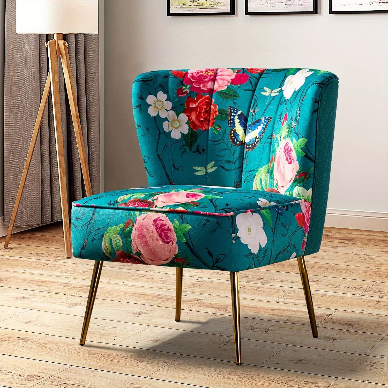 Accent Chair With Golden Metal Legs, Comfy Tufted Wingback Living Room Chair Floral Fabric Small Armless Side Chair, Upholstered Slipper Chair For Bedroom, Stadium Seats For Sports Fields, Sport Event, Reading Room Flower Pri