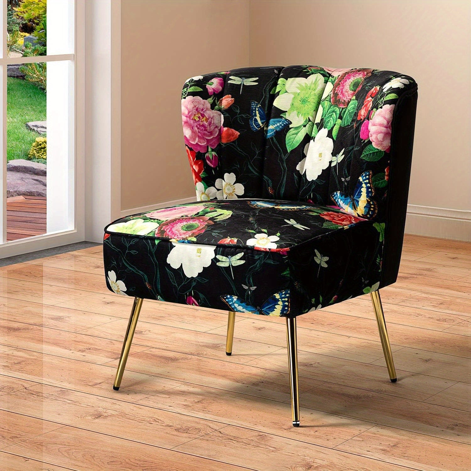Accent Chair With Golden Metal Legs, Comfy Tufted Wingback Living Room Chair Floral Fabric Small Armless Side Chair, Upholstered Slipper Chair For Bedroom, Stadium Seats For Sports Fields, Sport Event, Reading Room Flower Pri