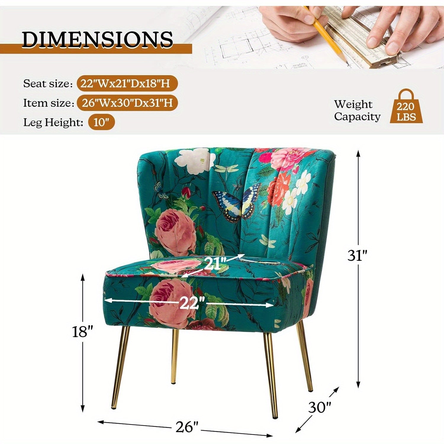 Accent Chair With Golden Metal Legs, Comfy Tufted Wingback Living Room Chair Floral Fabric Small Armless Side Chair, Upholstered Slipper Chair For Bedroom, Stadium Seats For Sports Fields, Sport Event, Reading Room Flower Pri
