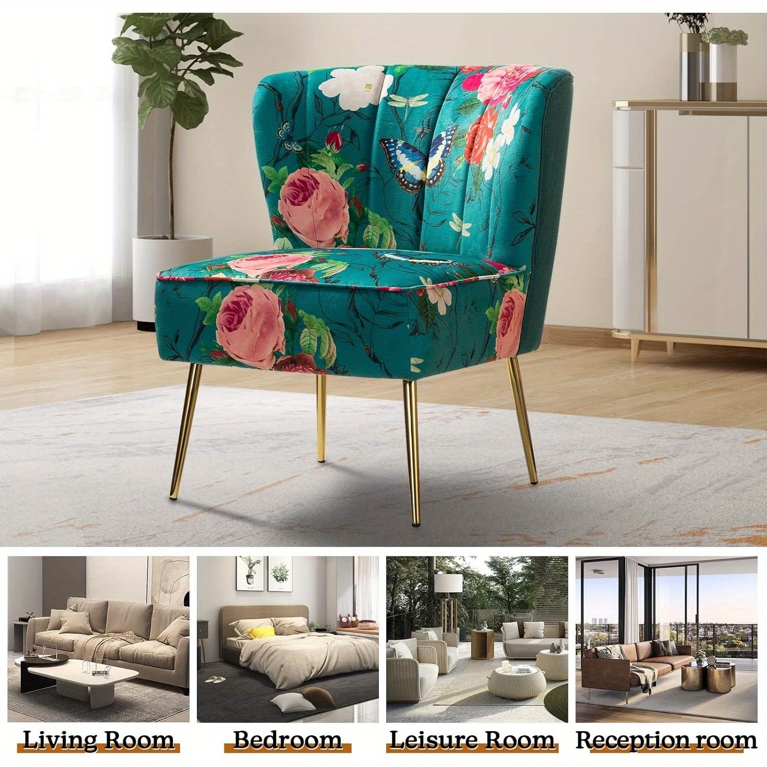 Accent Chair With Golden Metal Legs, Comfy Tufted Wingback Living Room Chair Floral Fabric Small Armless Side Chair, Upholstered Slipper Chair For Bedroom, Stadium Seats For Sports Fields, Sport Event, Reading Room Flower Pri
