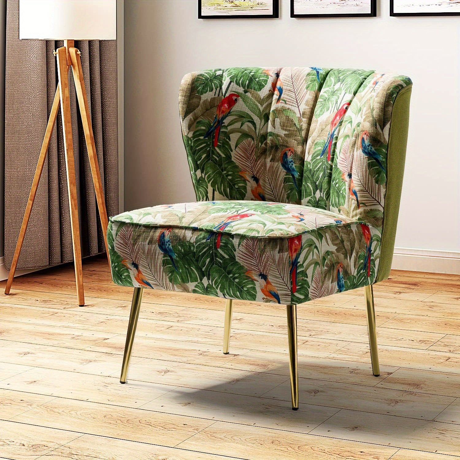 Accent Chair With Golden Metal Legs, Comfy Tufted Wingback Living Room Chair Floral Fabric Small Armless Side Chair, Upholstered Slipper Chair For Bedroom, Stadium Seats For Sports Fields, Sport Event, Reading Room Flower Pri