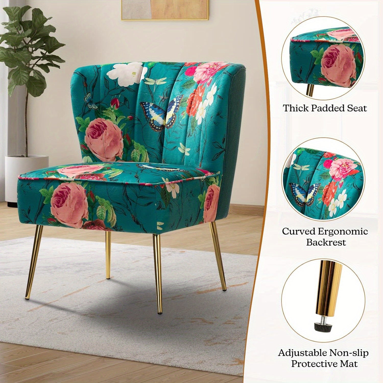 Accent Chair With Golden Metal Legs, Comfy Tufted Wingback Living Room Chair Floral Fabric Small Armless Side Chair, Upholstered Slipper Chair For Bedroom, Stadium Seats For Sports Fields, Sport Event, Reading Room Flower Pri