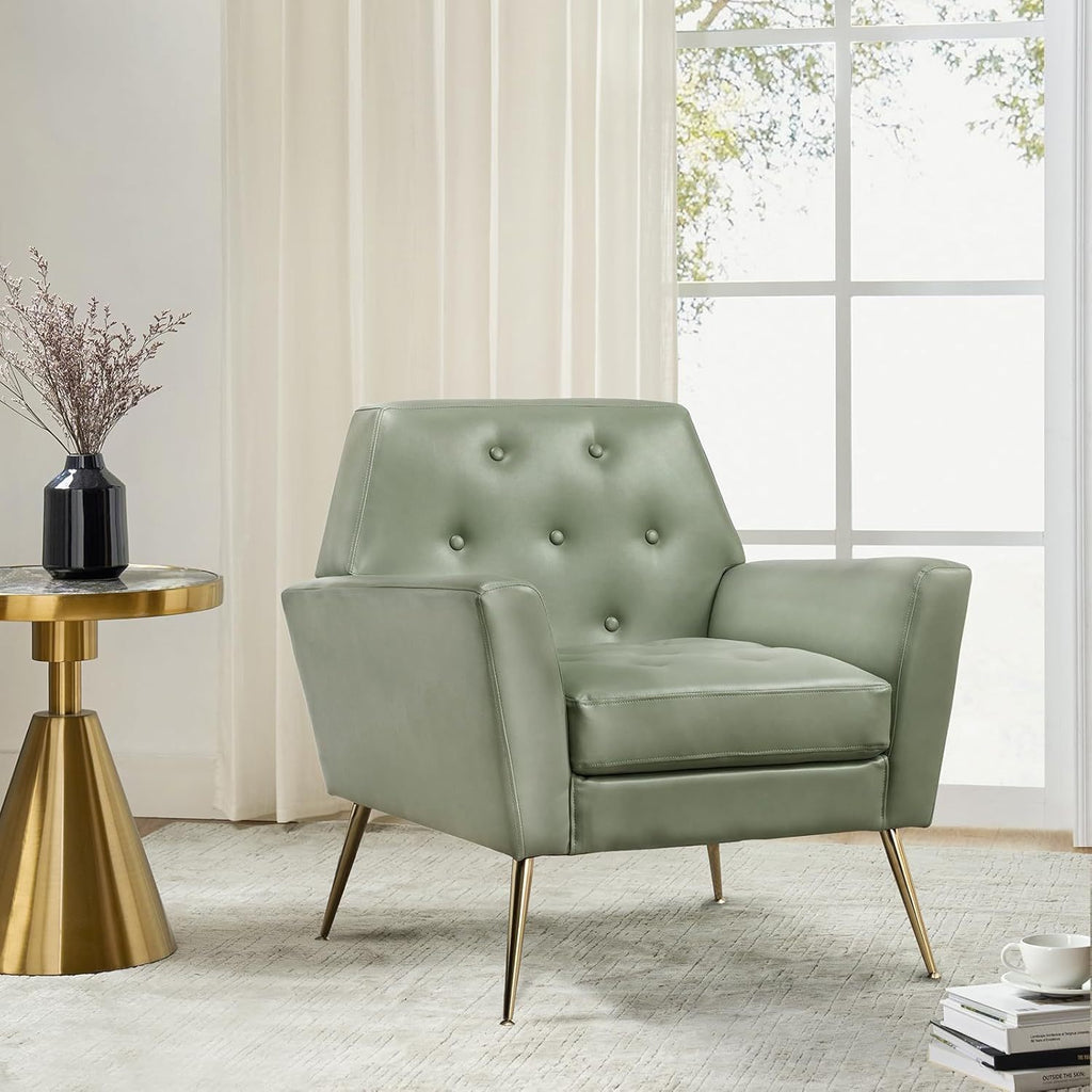 Modern Faux Leather Accent Chair, Comfy Upholstered Armchair With Gold Legs, Stadium Seats For Sports Fields, Sport Event, Button Tufted Sofa Chair For Living Room Bedroom