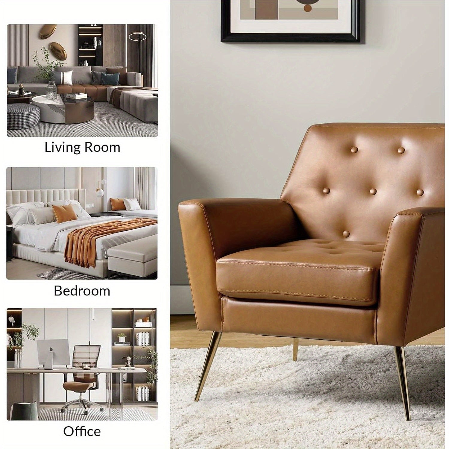 Modern Faux Leather Accent Chair, Comfy Upholstered Armchair With Gold Legs, Stadium Seats For Sports Fields, Sport Event, Button Tufted Sofa Chair For Living Room Bedroom