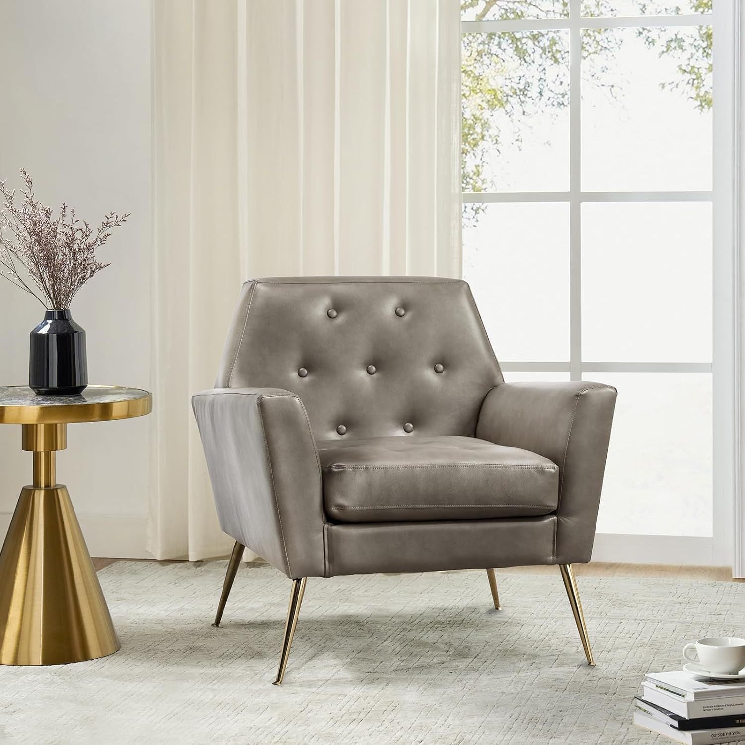 Modern Faux Leather Accent Chair, Comfy Upholstered Armchair With Gold Legs, Stadium Seats For Sports Fields, Sport Event, Button Tufted Sofa Chair For Living Room Bedroom