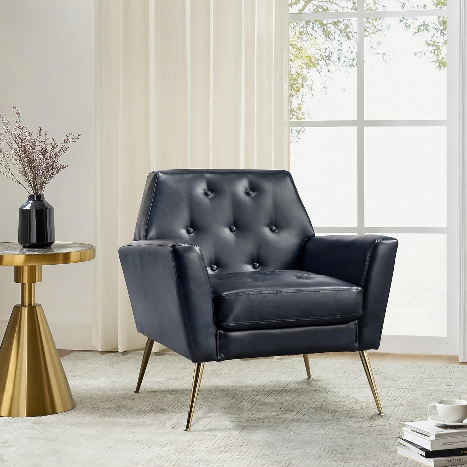 Modern Faux Leather Accent Chair, Comfy Upholstered Armchair With Gold Legs, Stadium Seats For Sports Fields, Sport Event, Button Tufted Sofa Chair For Living Room Bedroom