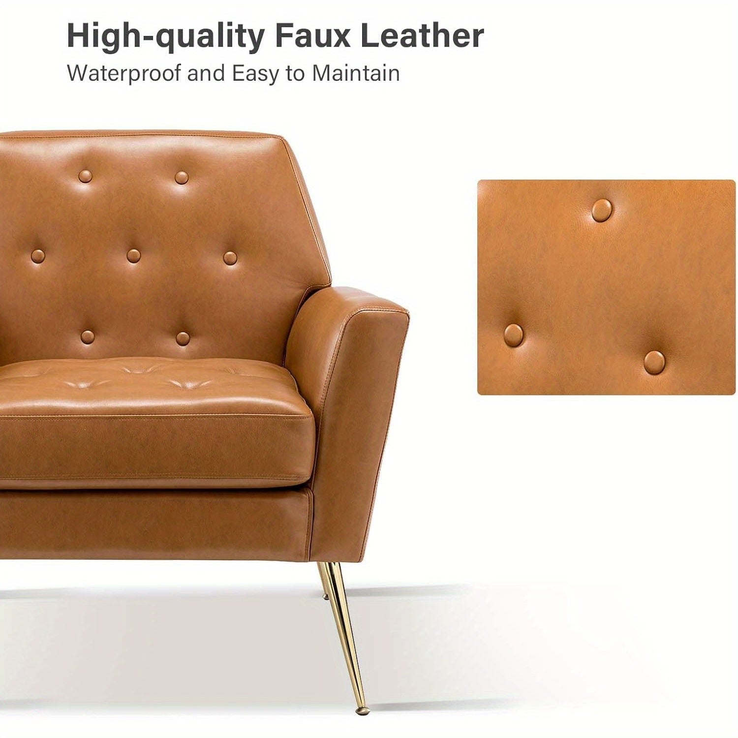 Modern Faux Leather Accent Chair, Comfy Upholstered Armchair With Gold Legs, Stadium Seats For Sports Fields, Sport Event, Button Tufted Sofa Chair For Living Room Bedroom