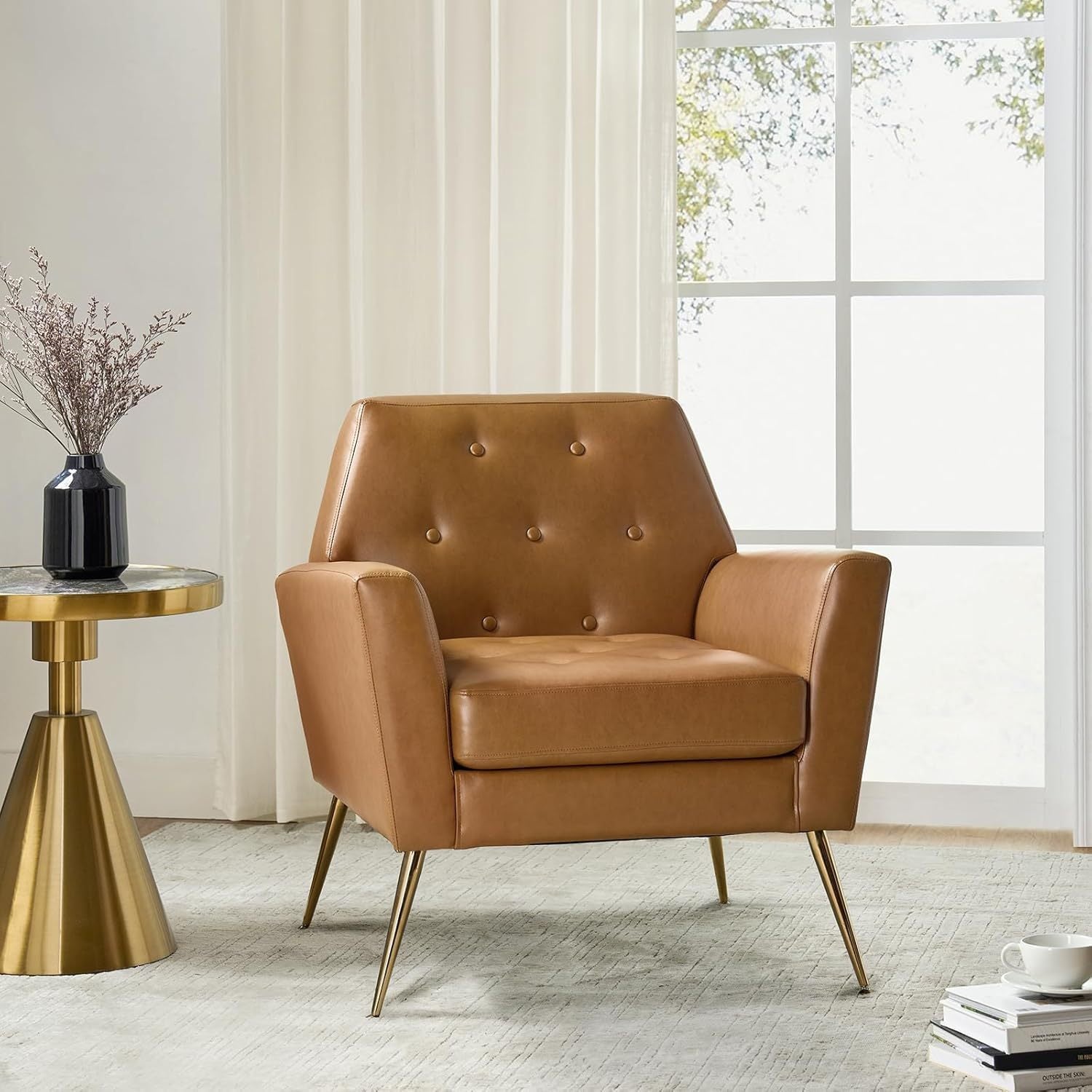 Modern Faux Leather Accent Chair, Comfy Upholstered Armchair With Gold Legs, Stadium Seats For Sports Fields, Sport Event, Button Tufted Sofa Chair For Living Room Bedroom