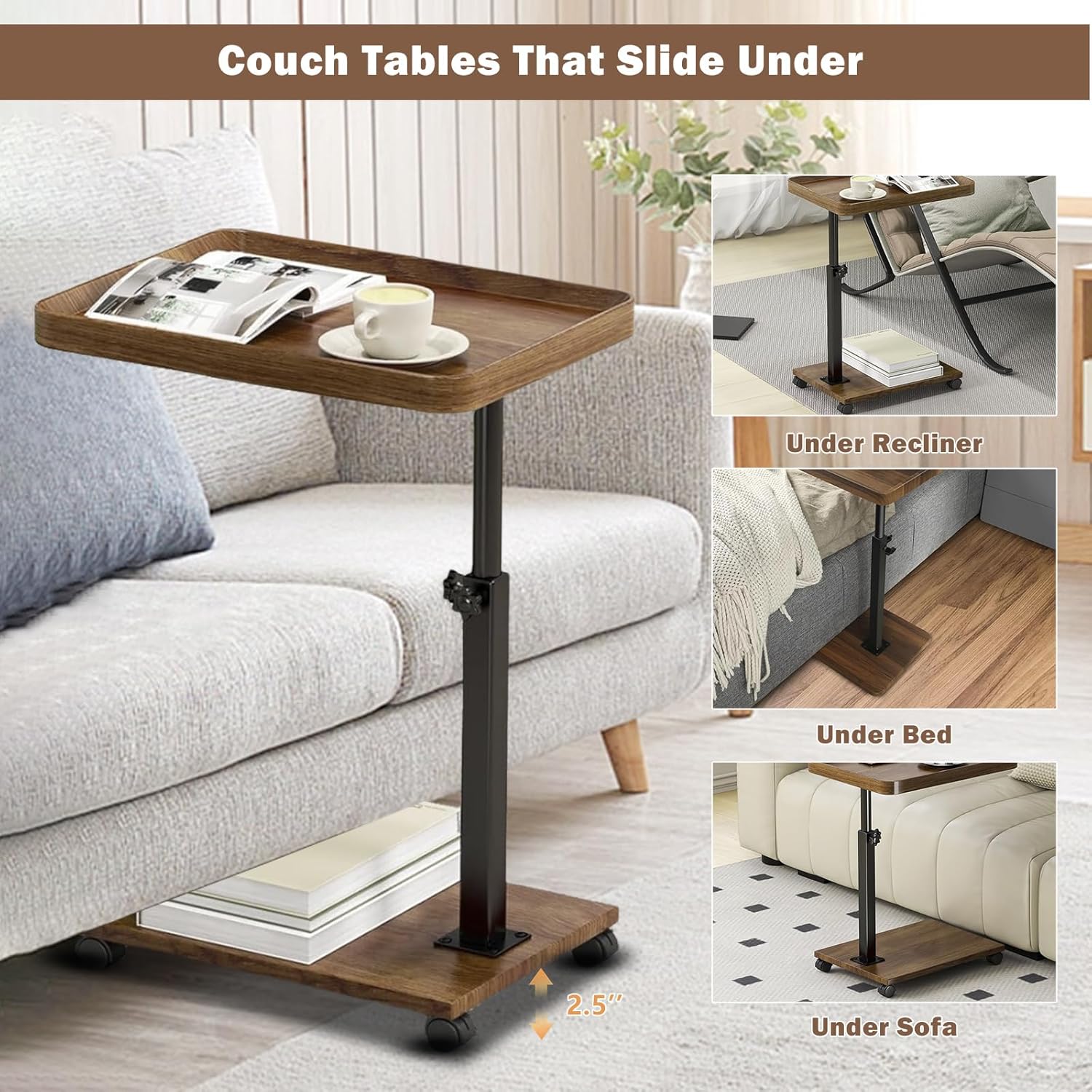 Adjustable Rolling Cart Overbed Bedside Table Laptop Desk Couch Side 360° Rotatable Sofa Tray Table Computer Desk Home Food Tray