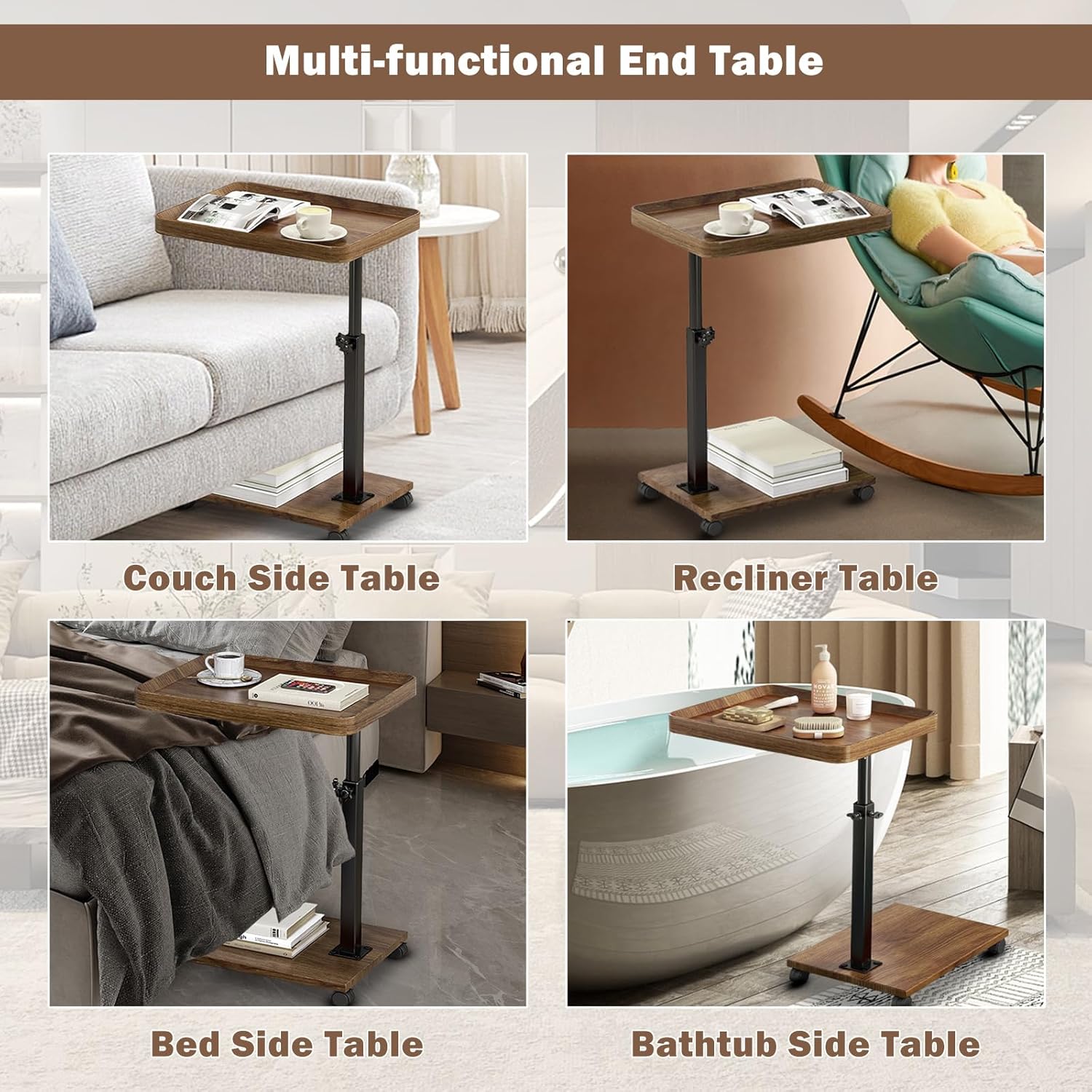 Adjustable Rolling Cart Overbed Bedside Table Laptop Desk Couch Side 360° Rotatable Sofa Tray Table Computer Desk Home Food Tray